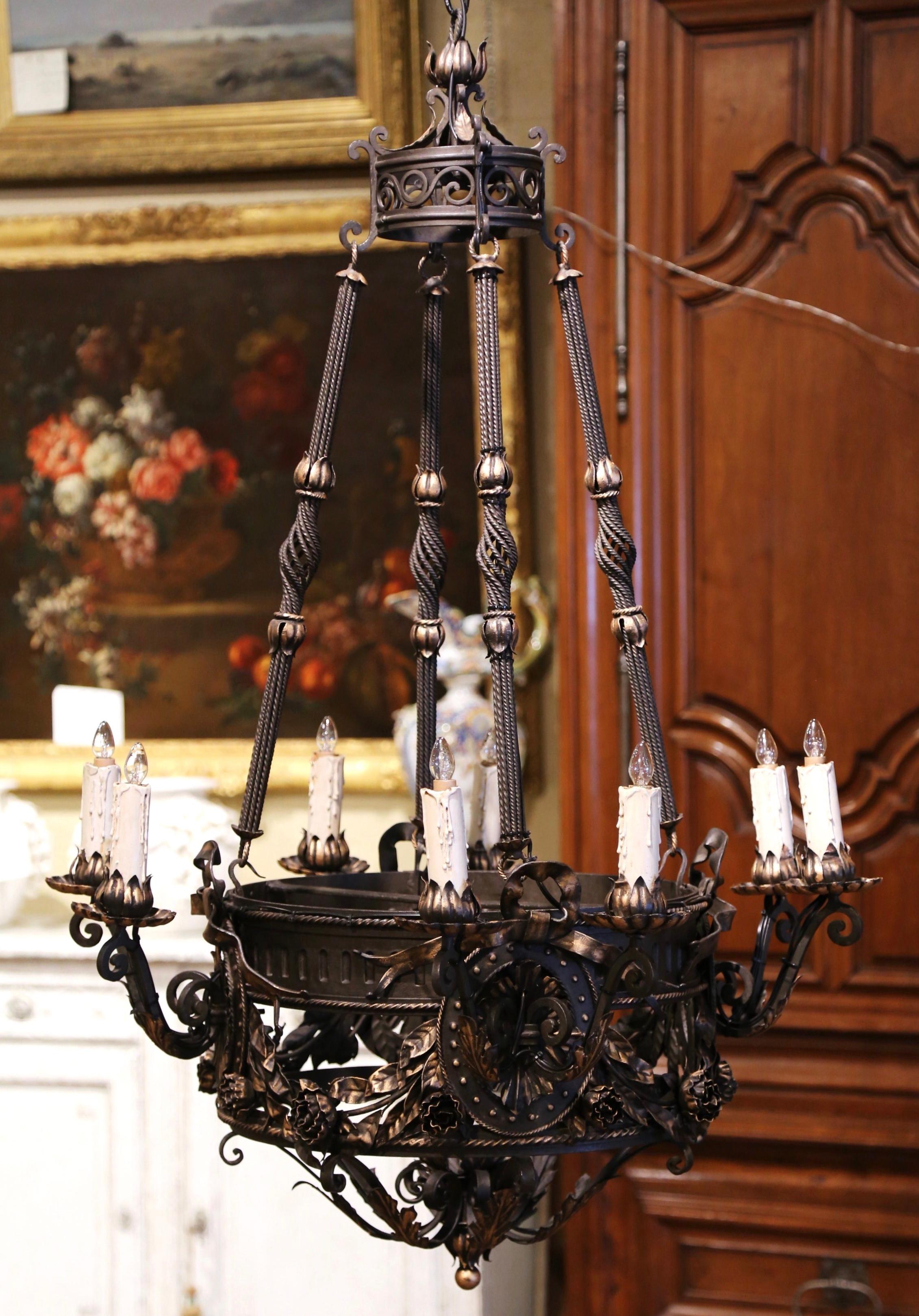 19th Century French Gothic Black Wrought Iron Eight-Light Chandelier In Excellent Condition In Dallas, TX