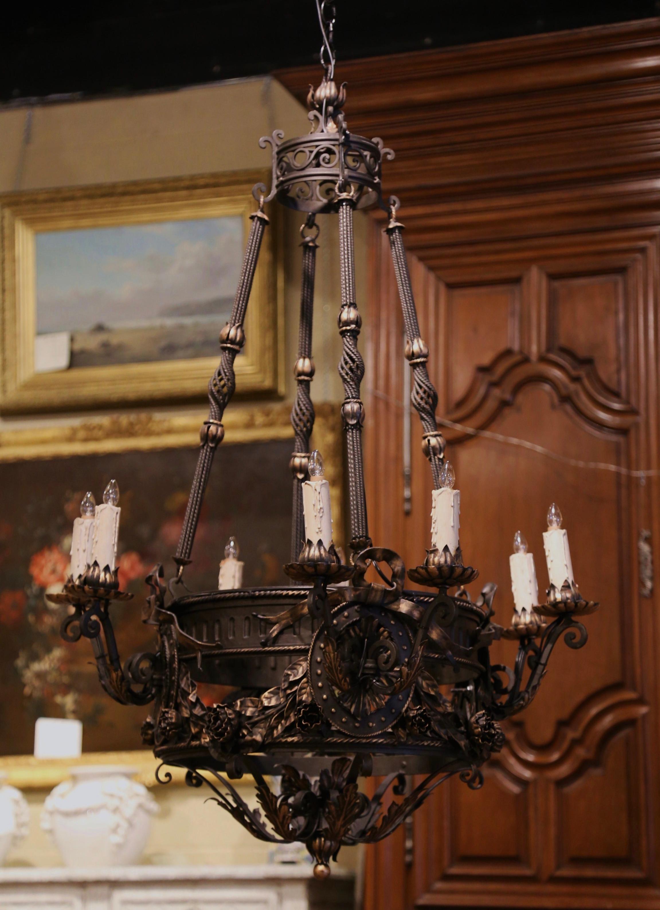 19th Century French Gothic Black Wrought Iron Eight-Light Chandelier 5