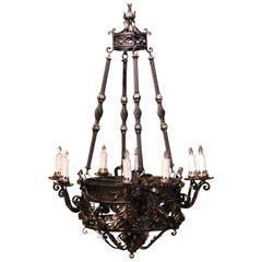 Antique 19th Century French Gothic Black Wrought Iron Eight-Light Chandelier