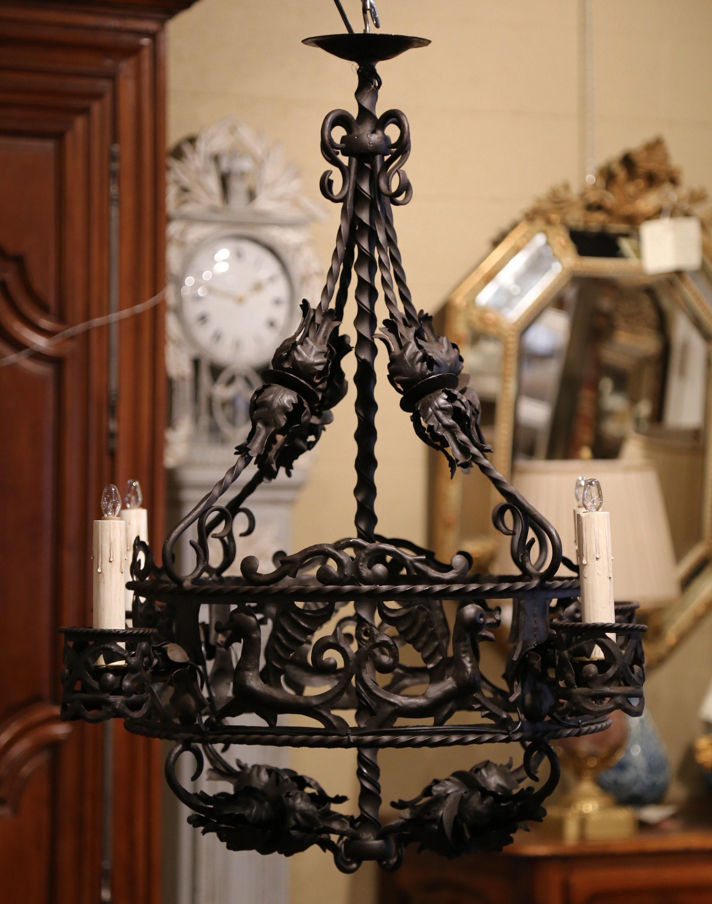 19th Century French Gothic Black Wrought Iron Four-Light Chandelier 5