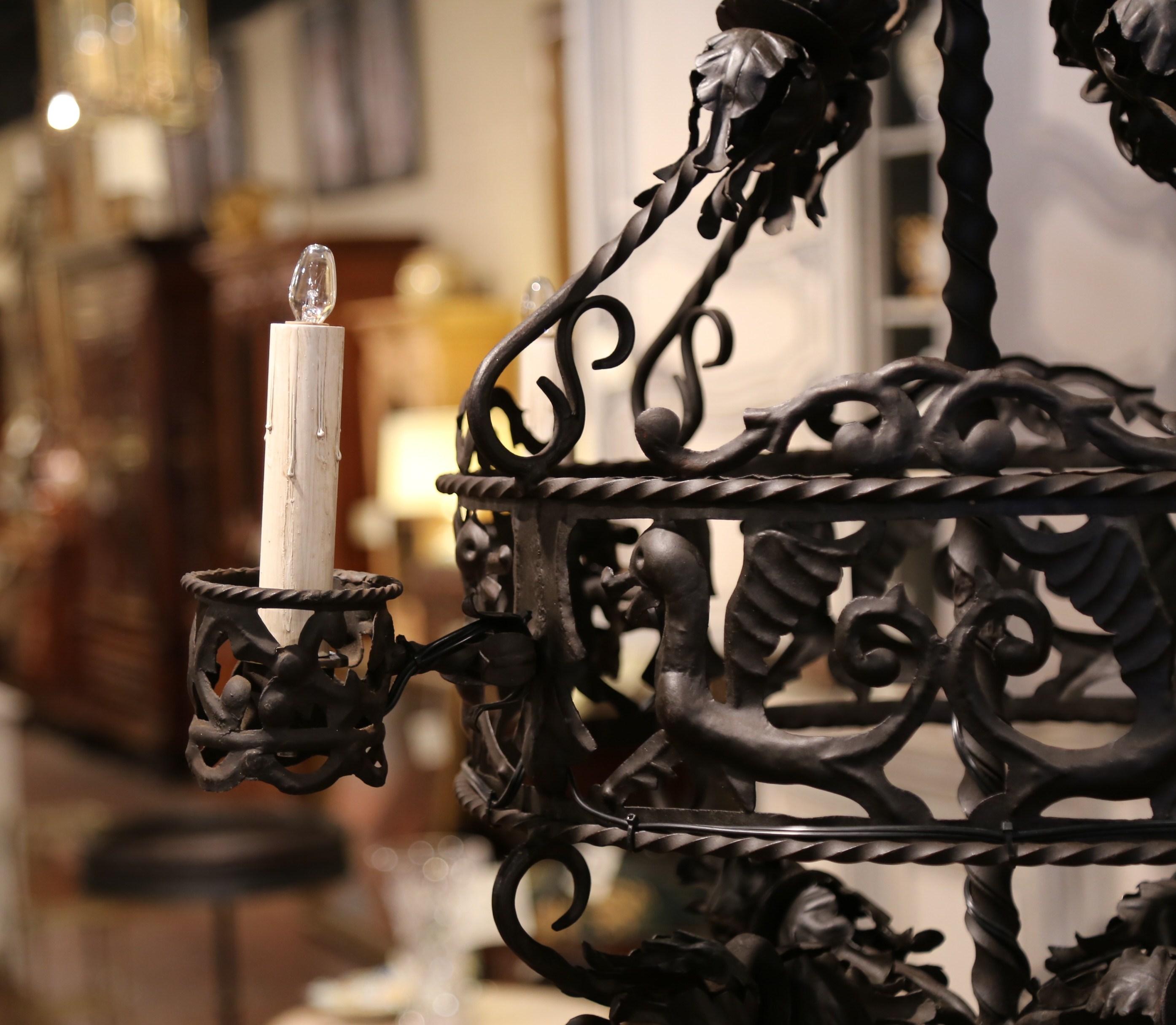 19th Century French Gothic Black Wrought Iron Four-Light Chandelier 7