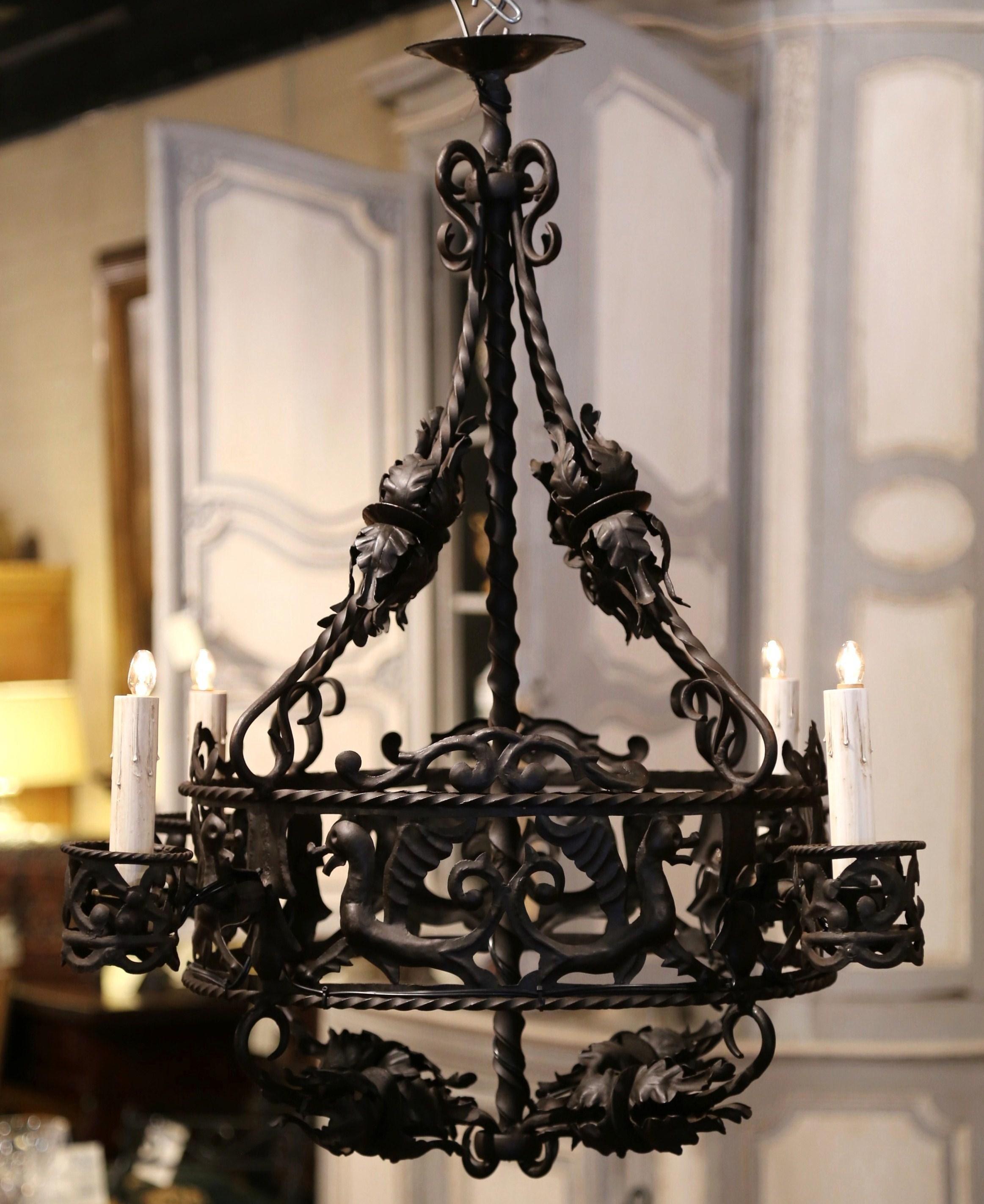 Forged 19th Century French Gothic Black Wrought Iron Four-Light Chandelier