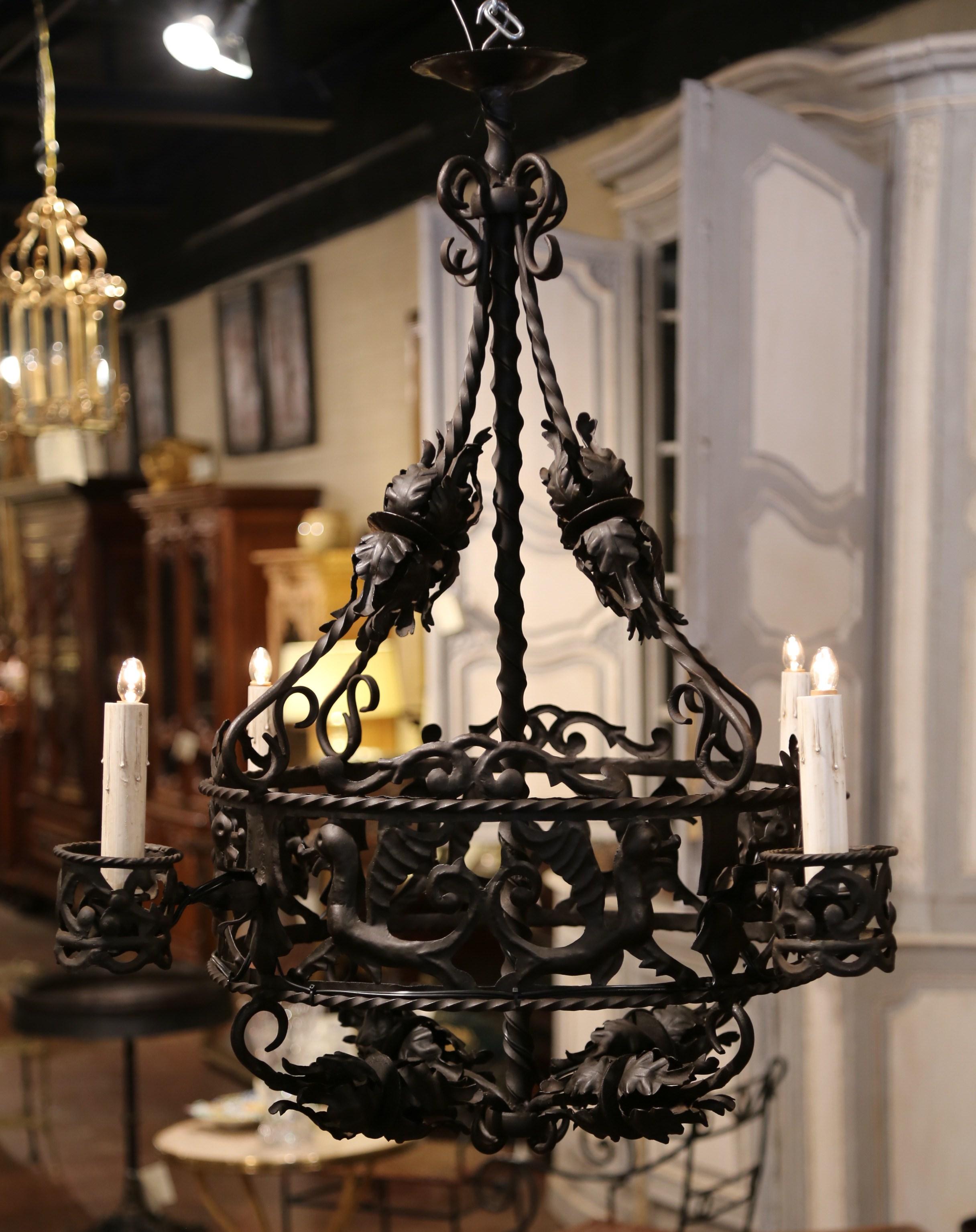 19th Century French Gothic Black Wrought Iron Four-Light Chandelier In Excellent Condition In Dallas, TX
