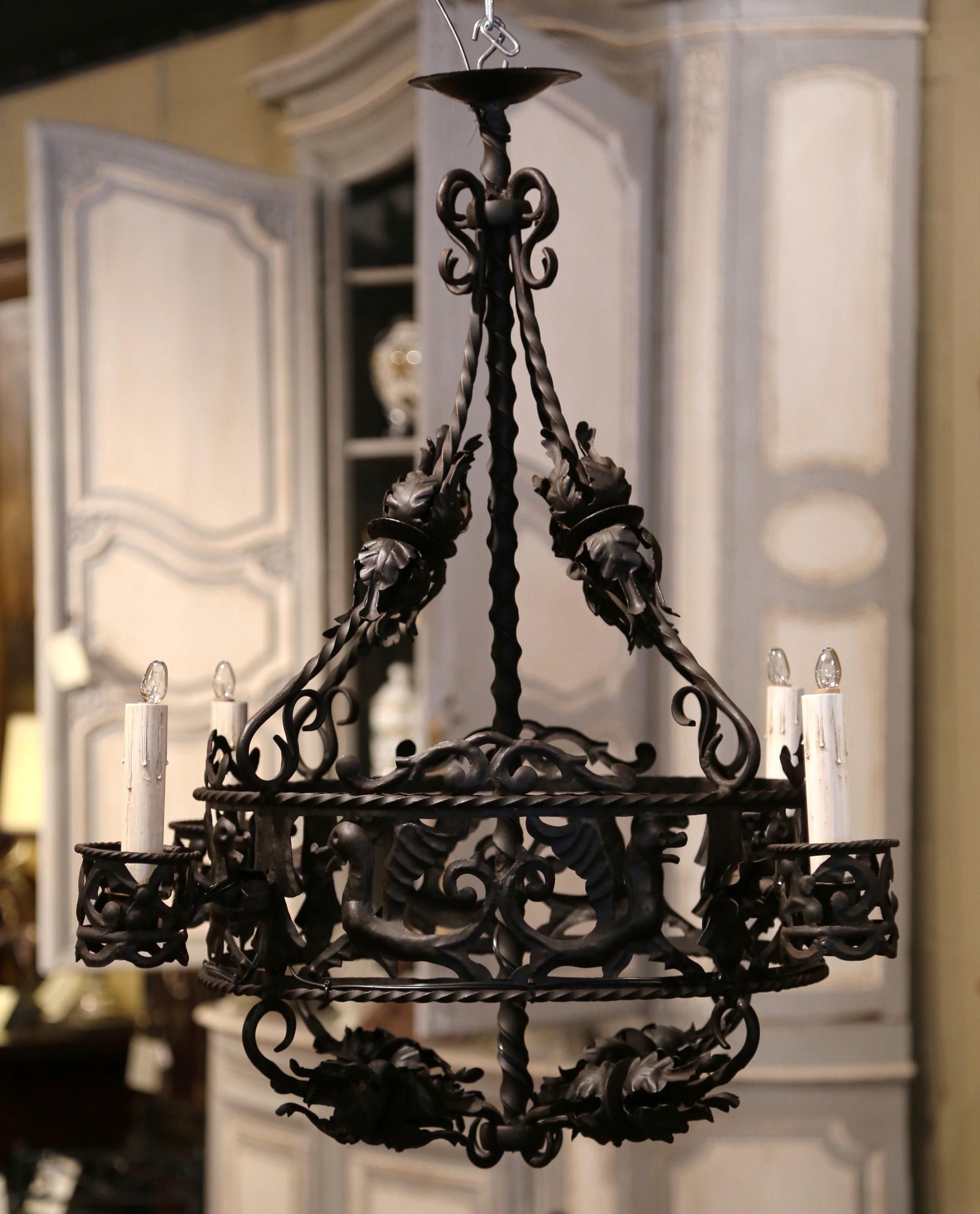 19th Century French Gothic Black Wrought Iron Four-Light Chandelier 1