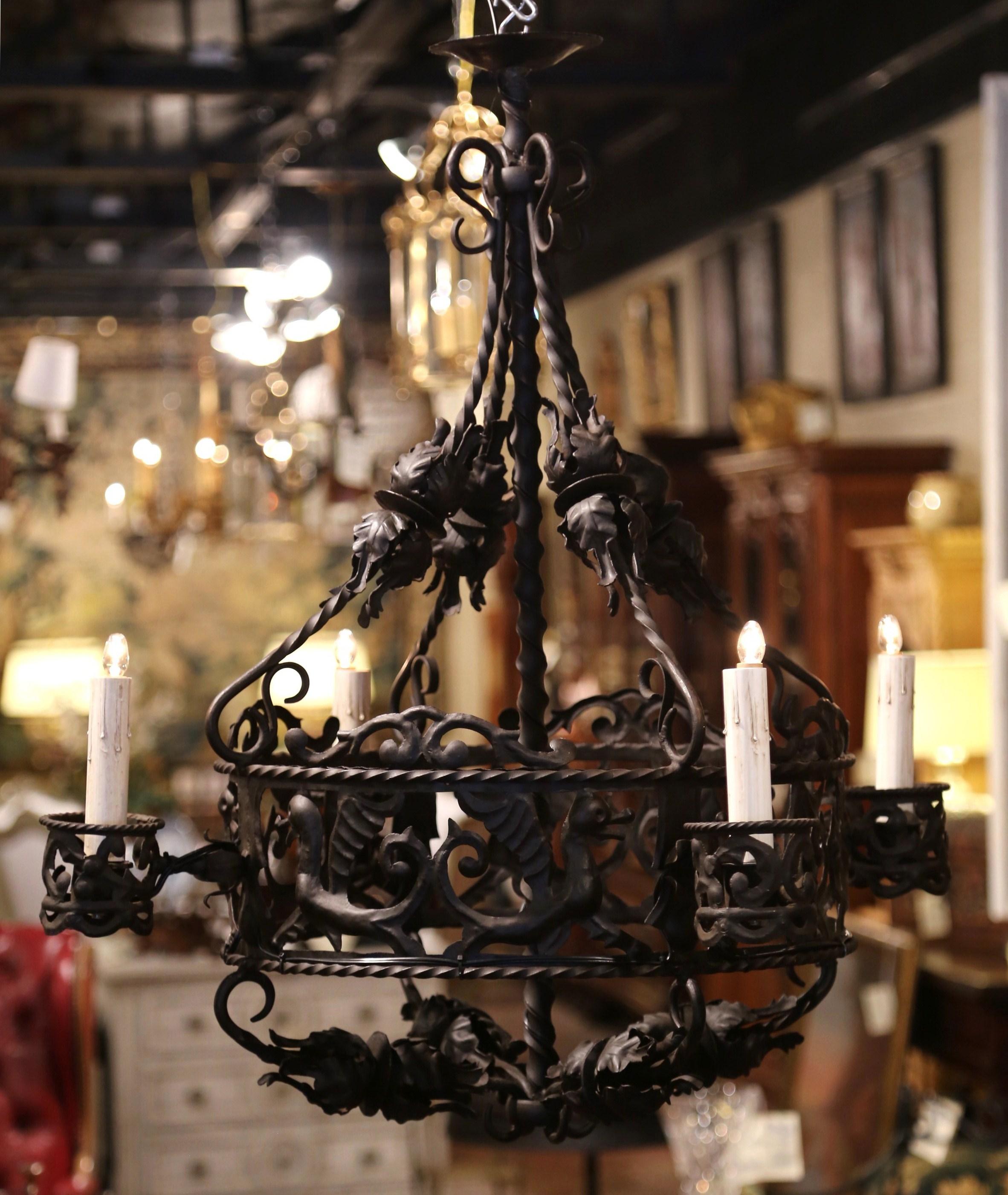 19th Century French Gothic Black Wrought Iron Four-Light Chandelier 2