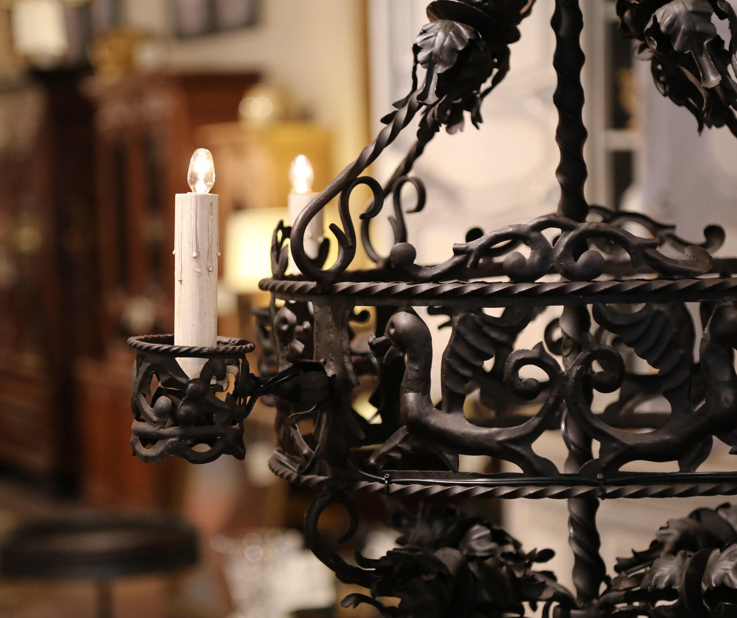 19th Century French Gothic Black Wrought Iron Four-Light Chandelier 3