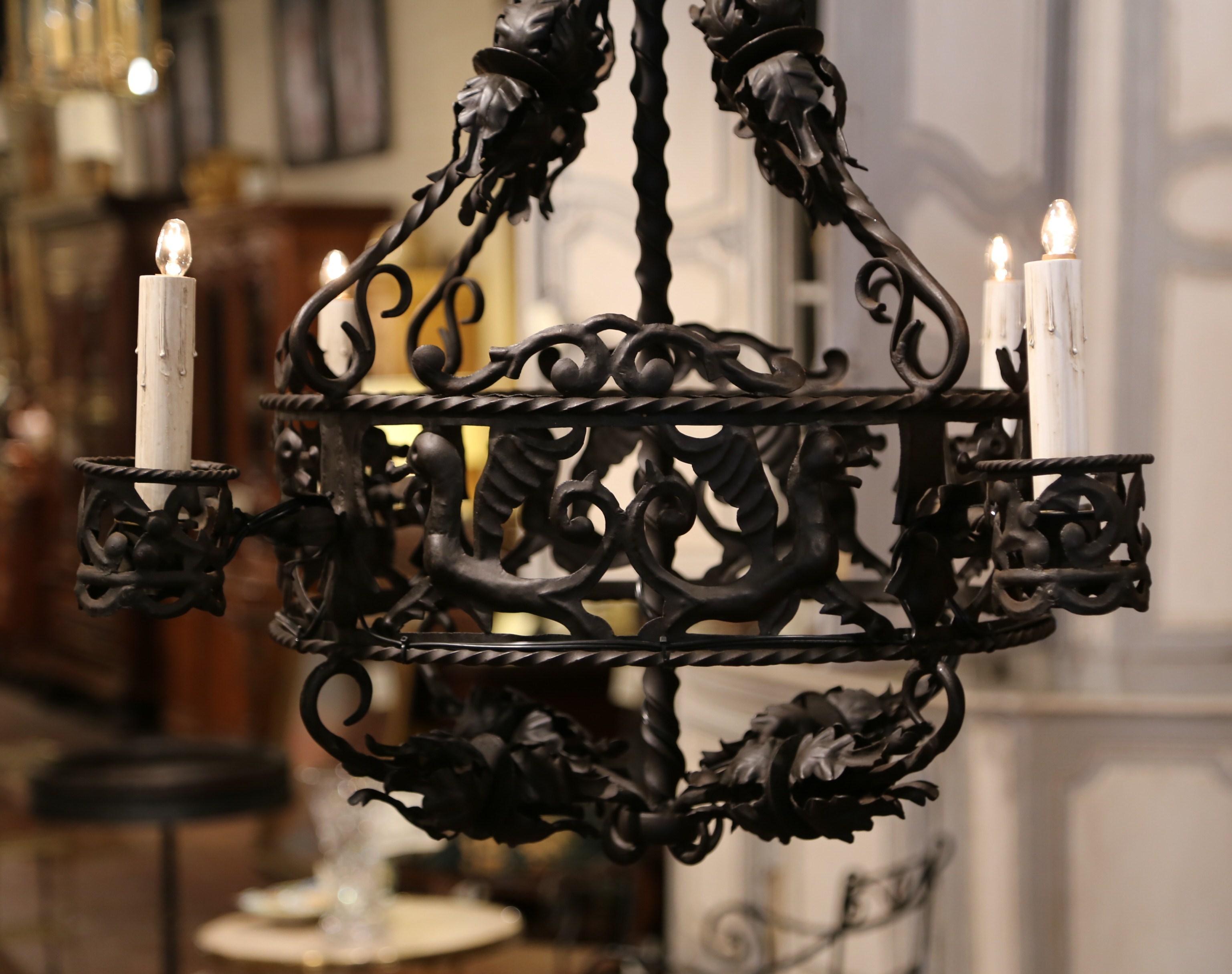 19th Century French Gothic Black Wrought Iron Four-Light Chandelier 4