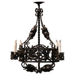 19th Century French Gothic Black Wrought Iron Four-Light Chandelier
