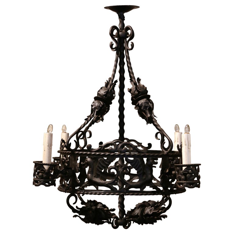 19th Century French Gothic Black Wrought Iron FourLight Chandelier at