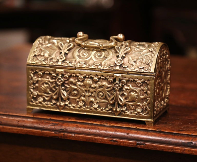 19th Century French Gothic Bombe Bronze Doré Jewelry Box with Floral