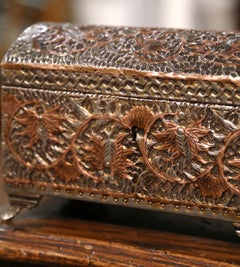 19th Century French Gothic Brass & Copper Jewelry Box with Repousse Leaf Motifs