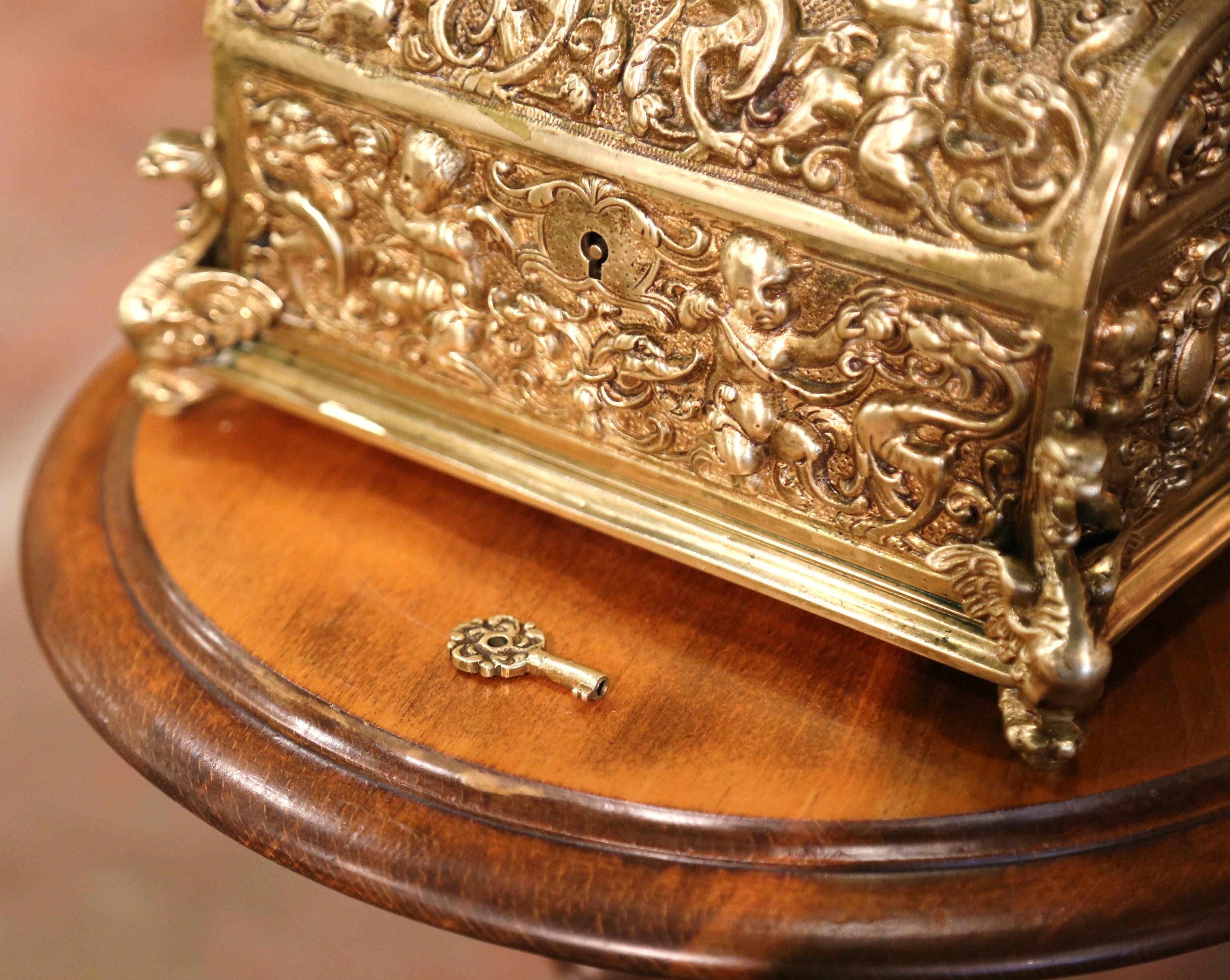 19th Century French Gothic Bronze Doré Jewelry Box with Repousse Cherub Motifs 5