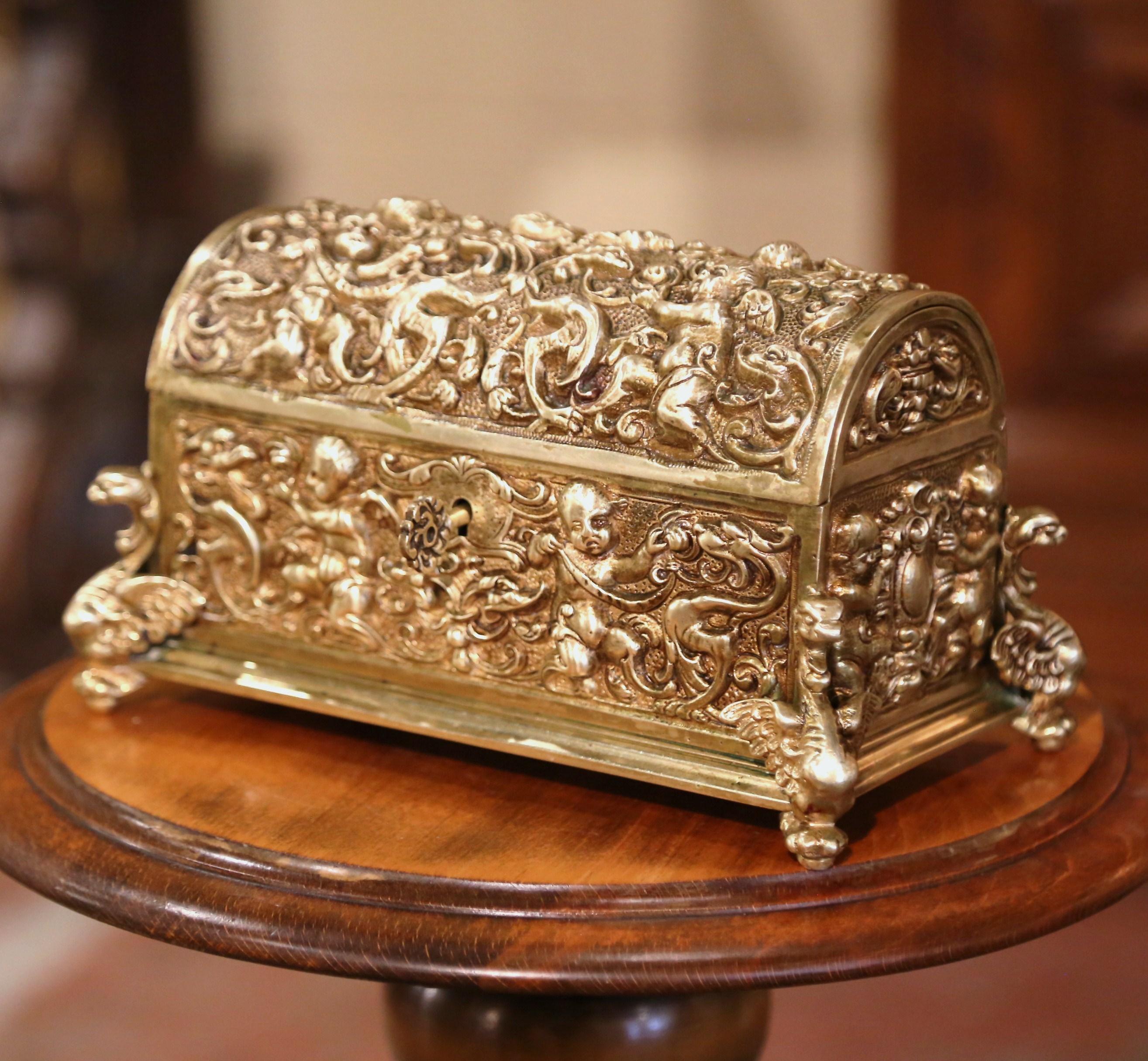 19th Century French Gothic Bronze Doré Jewelry Box with Repousse Cherub Motifs In Excellent Condition In Dallas, TX
