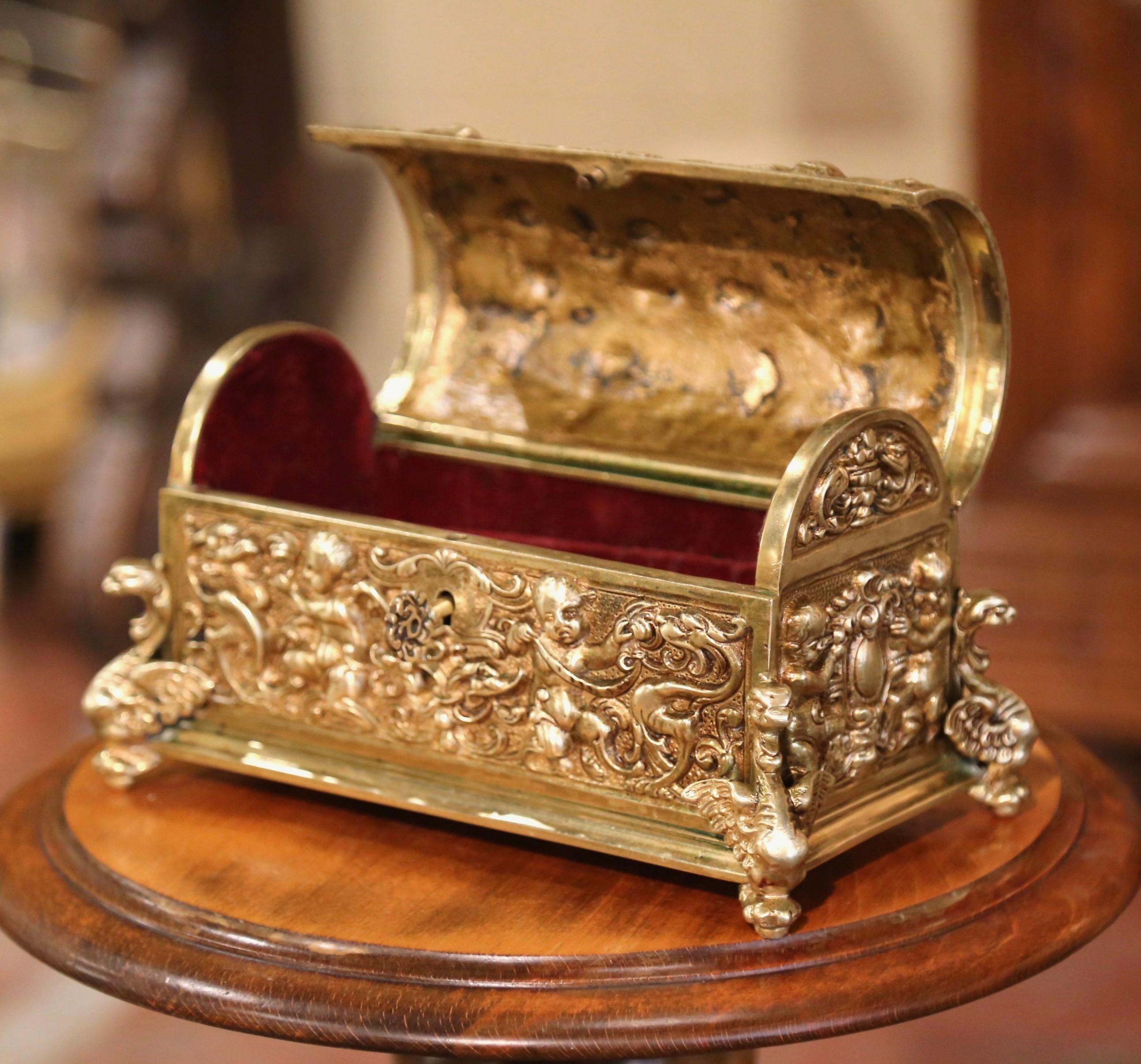 19th Century French Gothic Bronze Doré Jewelry Box with Repousse Cherub Motifs 1