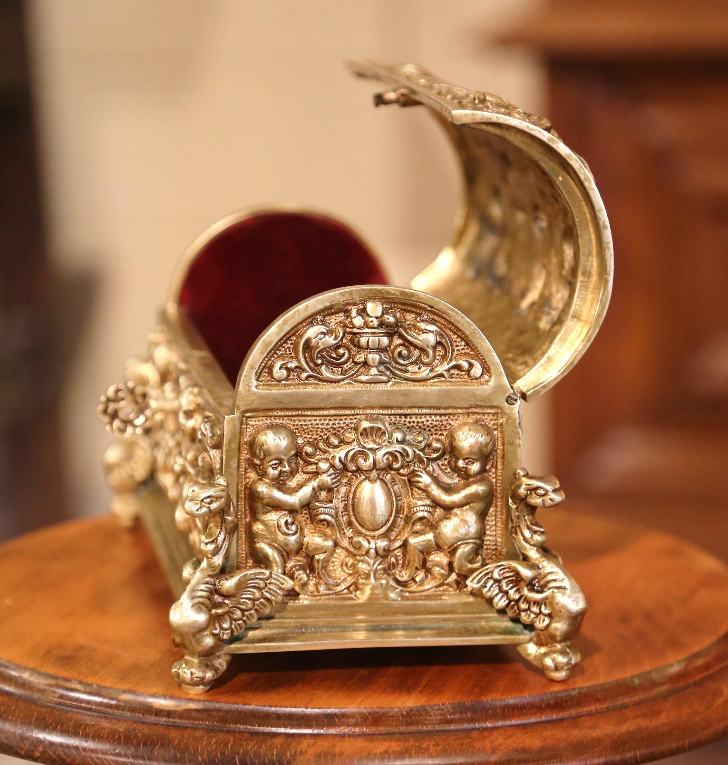 19th Century French Gothic Bronze Doré Jewelry Box with Repousse Cherub Motifs 2