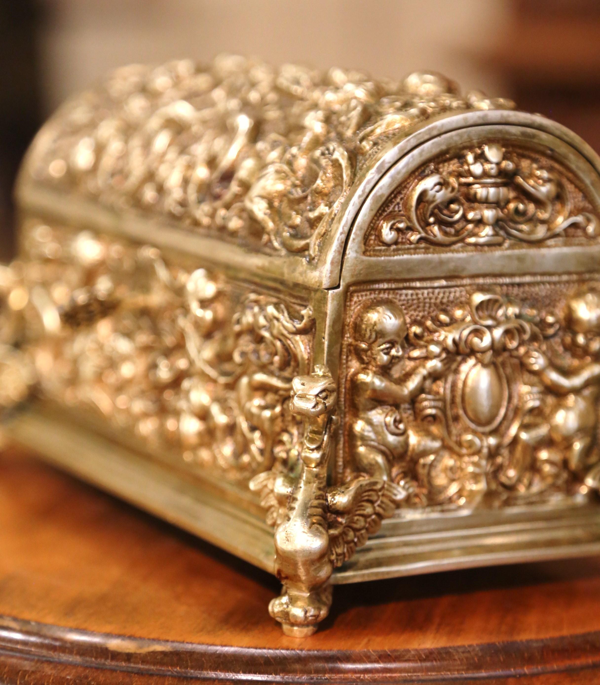 19th Century French Gothic Bronze Doré Jewelry Box with Repousse Cherub Motifs 3