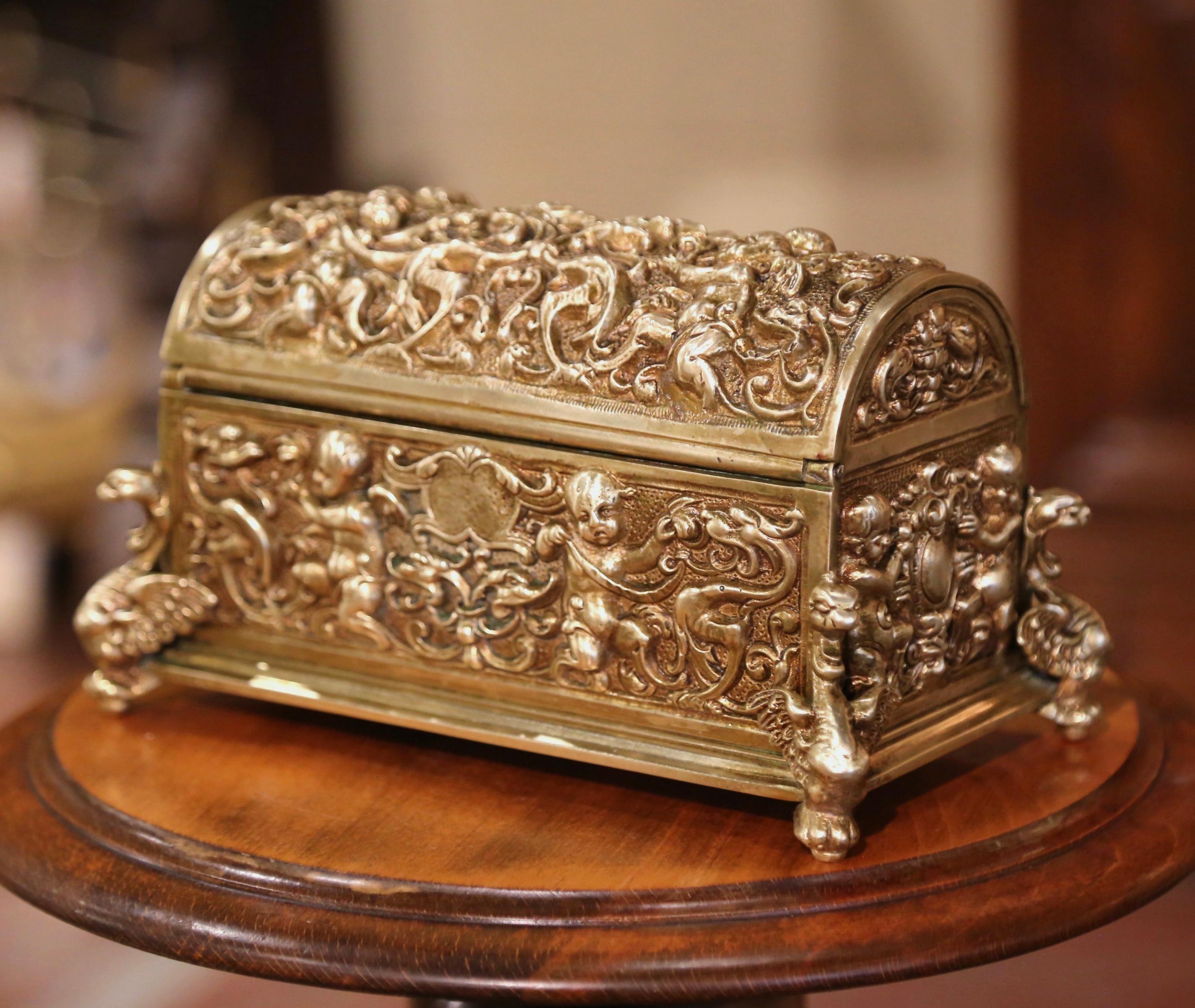 19th Century French Gothic Bronze Doré Jewelry Box with Repousse Cherub Motifs 4