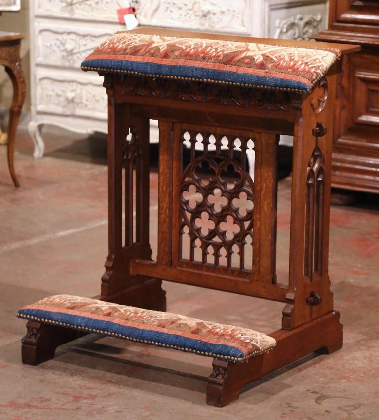 19th Century French Gothic Carved Oak and Aubusson Tapestry Prayer