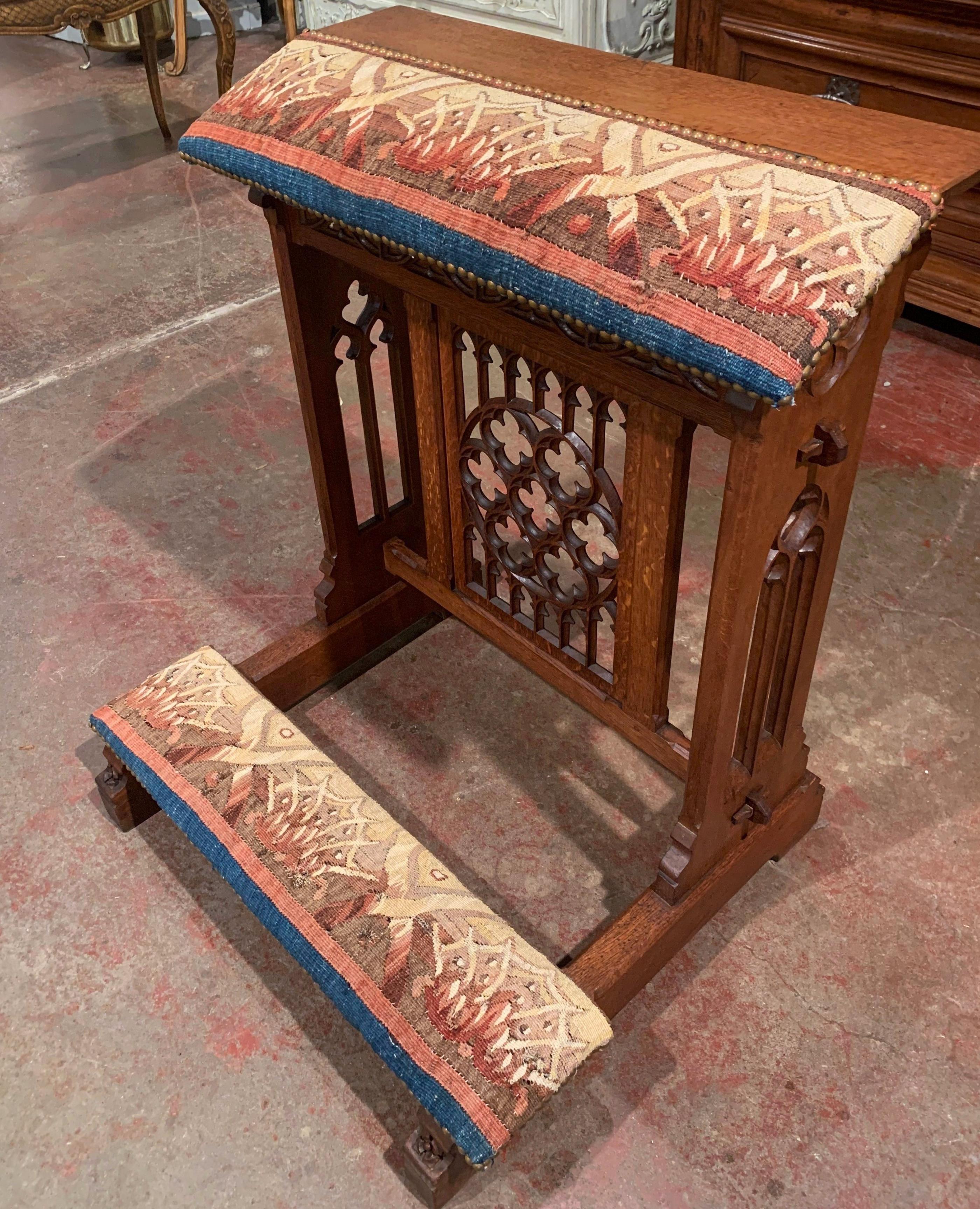 19th Century French Gothic Carved Oak and Aubusson Tapestry Prayer Chair In Excellent Condition In Dallas, TX