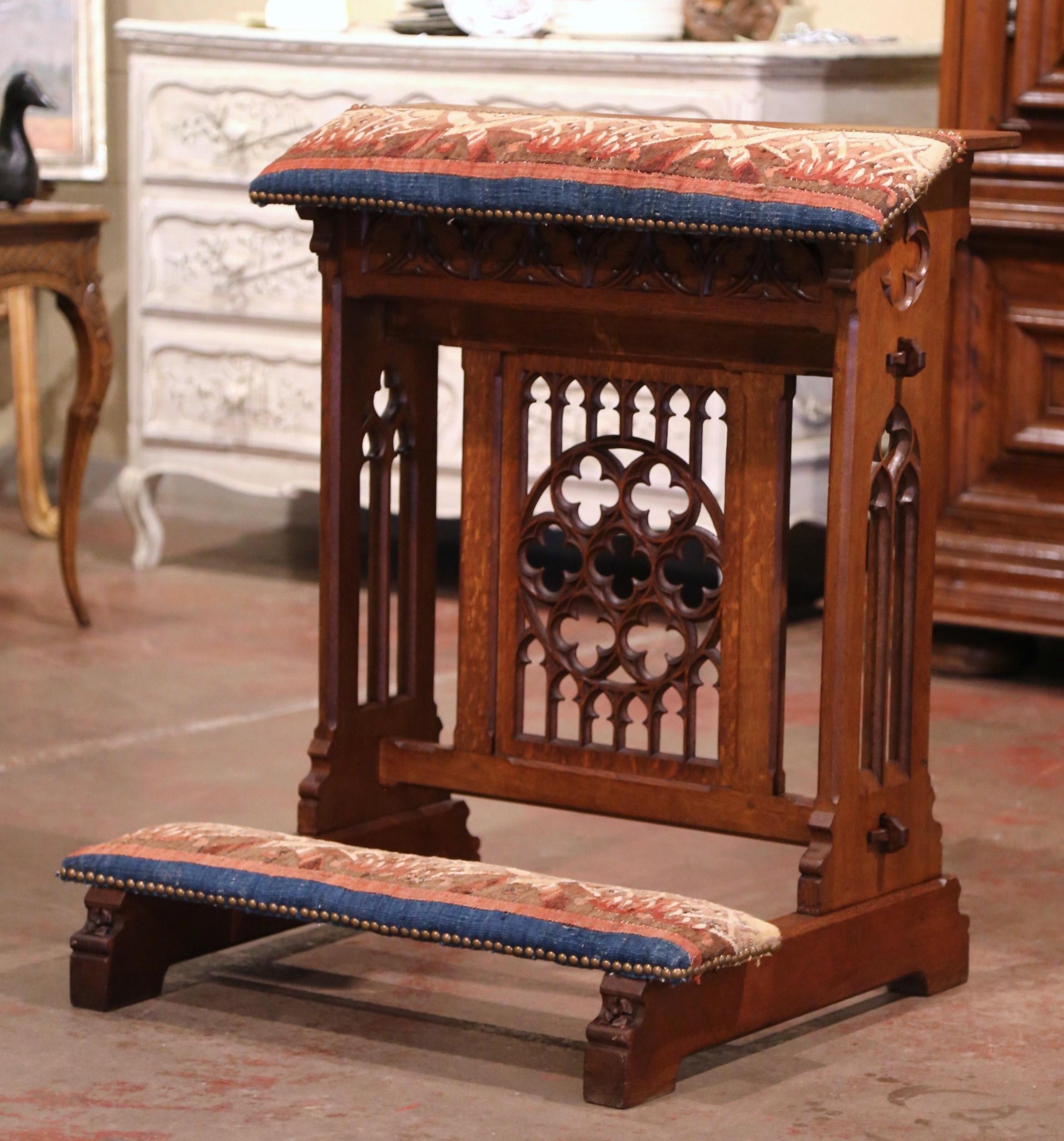 19th Century French Gothic Carved Oak and Aubusson Tapestry Prayer Chair 1