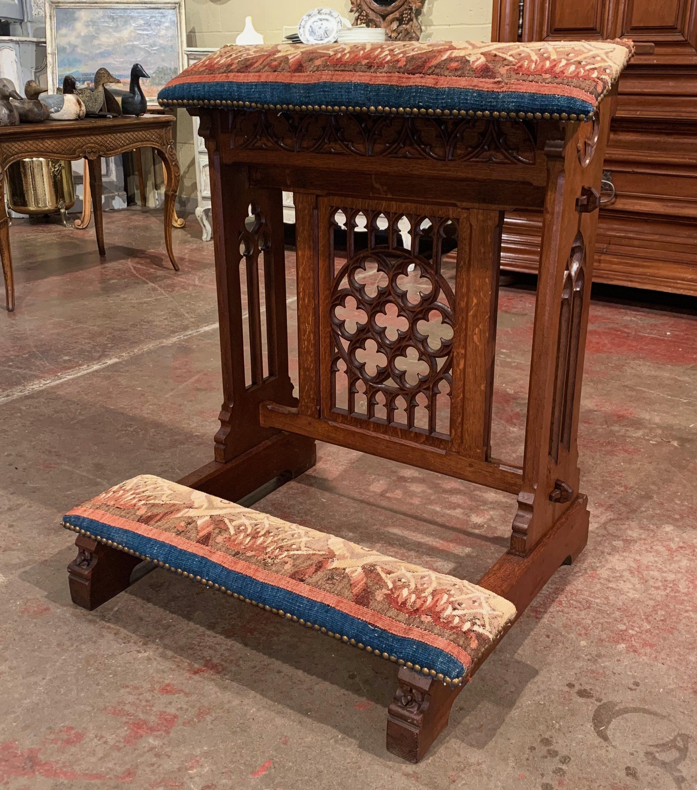 19th Century French Gothic Carved Oak and Aubusson Tapestry Prayer Chair 4