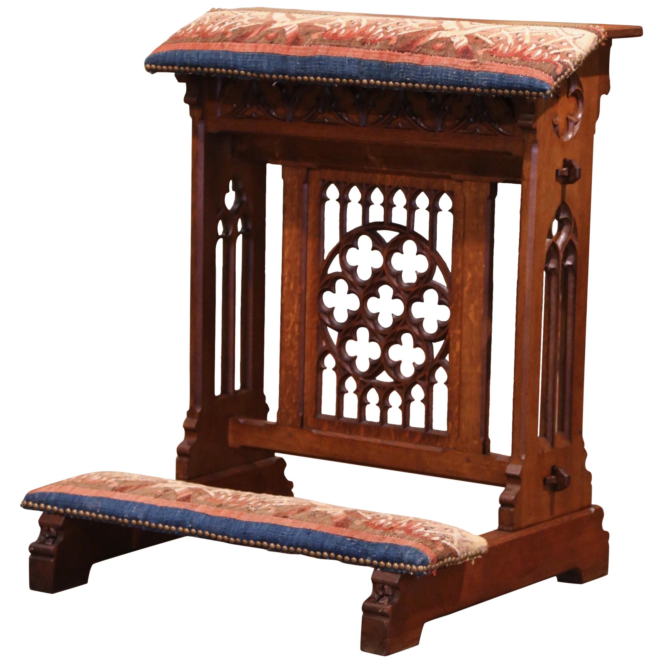 19th Century French Gothic Carved Oak and Aubusson Tapestry Prayer Chair