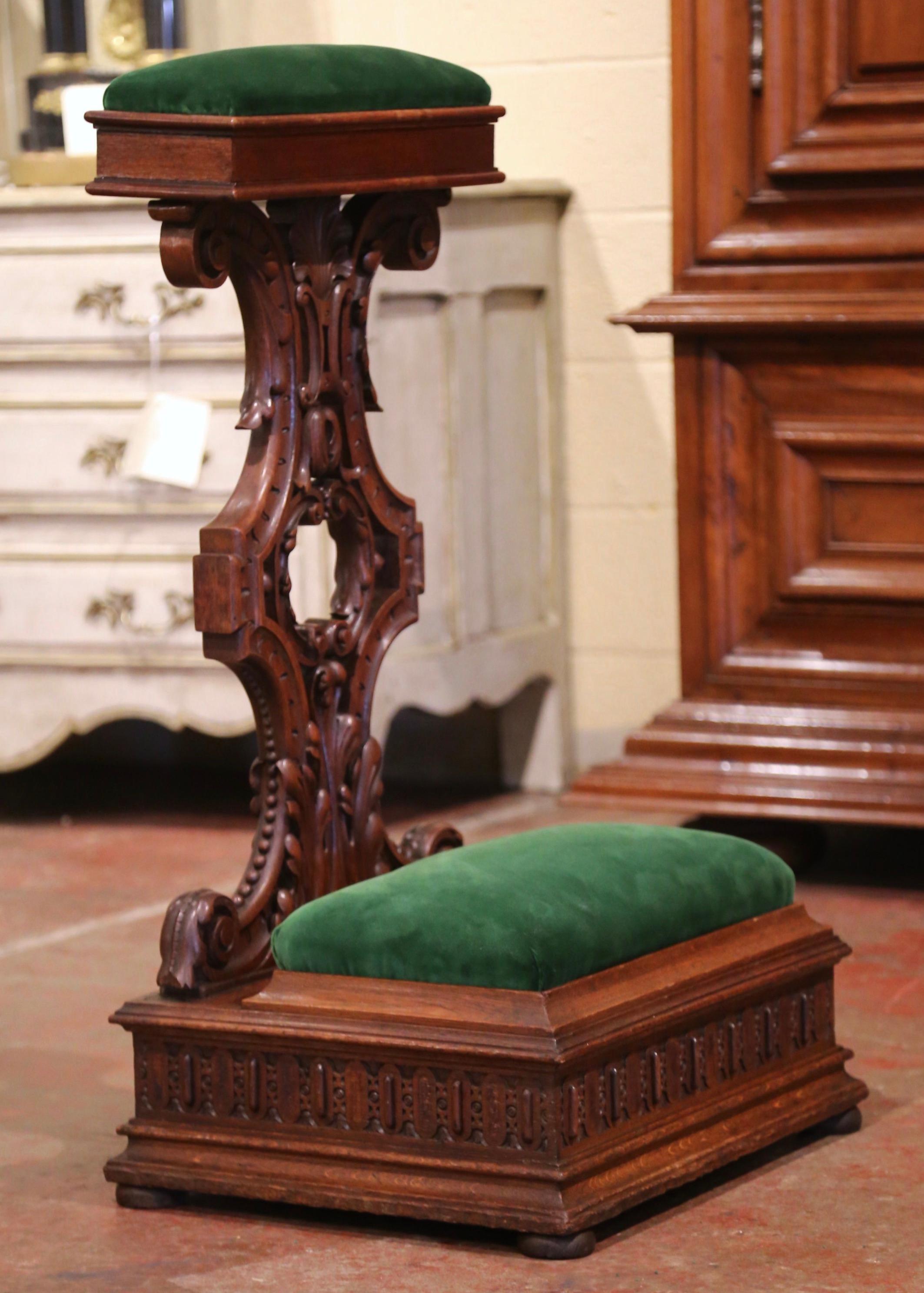 Hand-Carved 19th Century French Gothic Carved Oak and Velvet Prayer Kneeler Chair