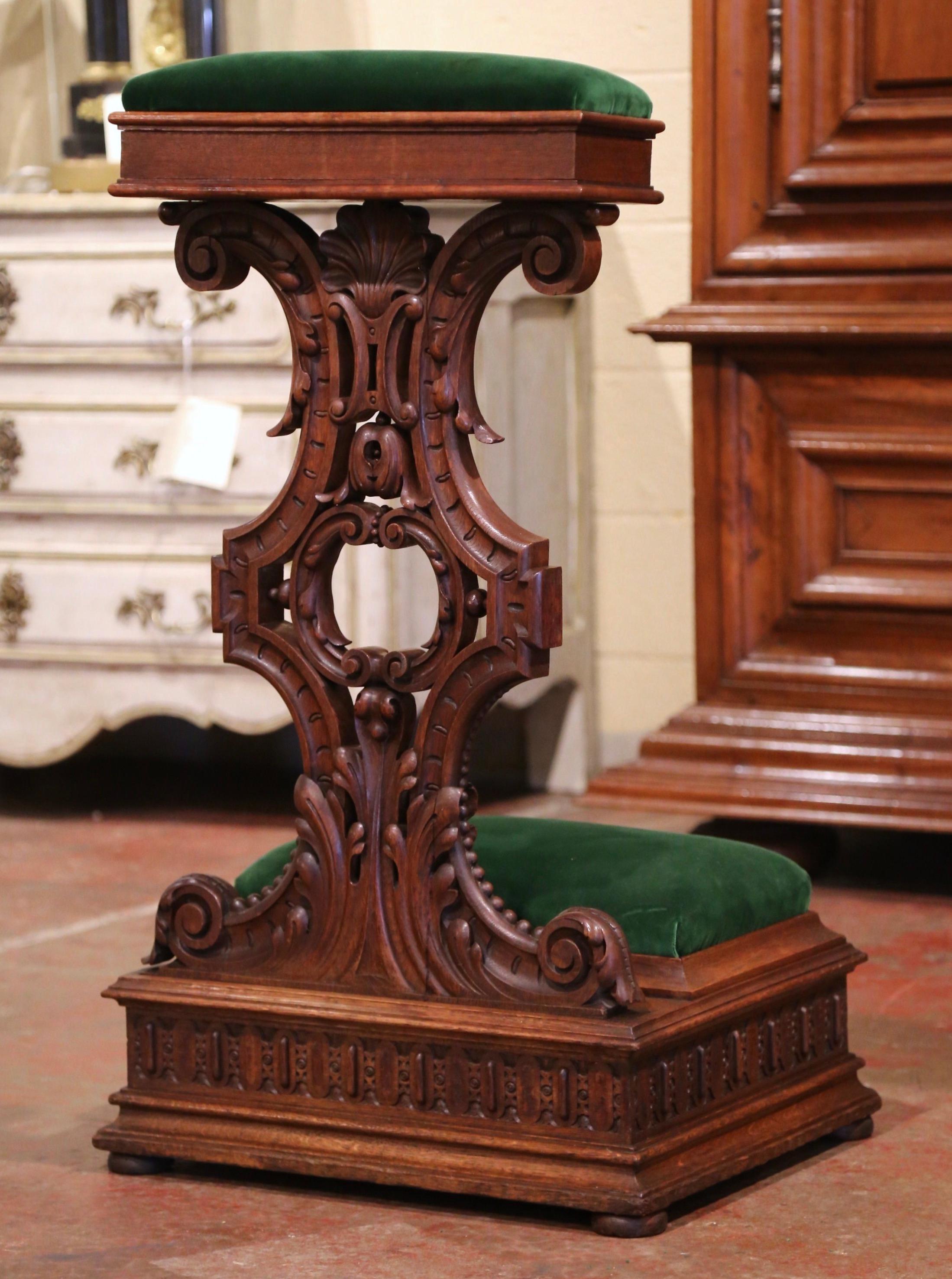 19th Century French Gothic Carved Oak and Velvet Prayer Kneeler Chair 1