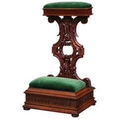 19th Century French Gothic Carved Oak and Velvet Prayer Kneeler Chair