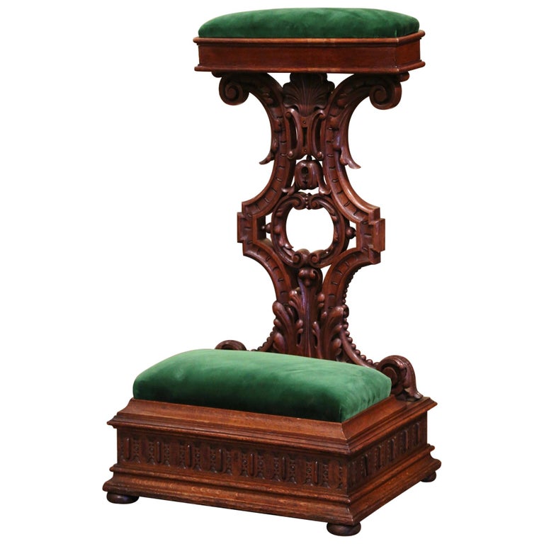 19th Century French Gothic Carved Oak and Velvet Prayer Kneeler Chair at  1stDibs