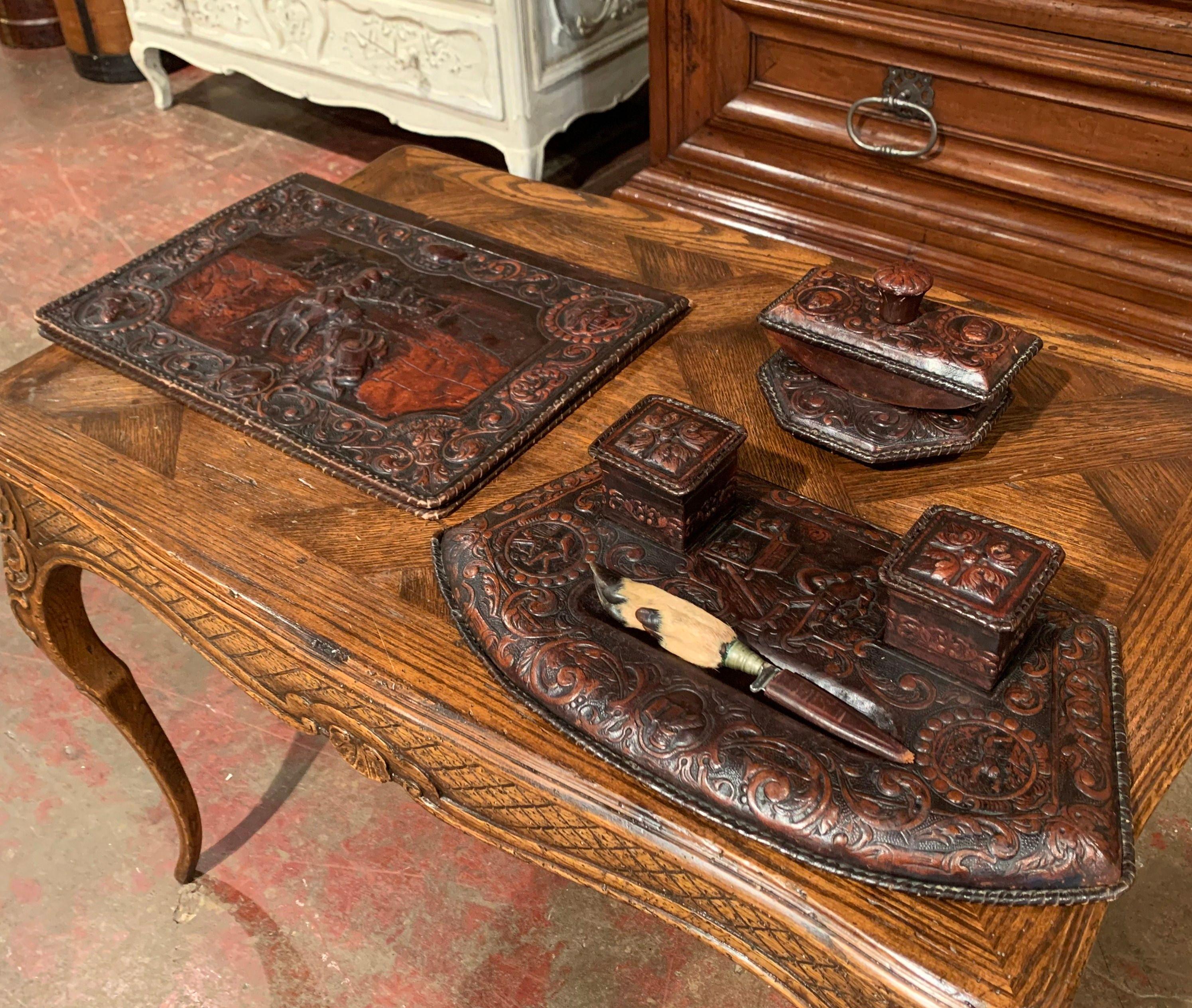 Repoussé 19th Century French Gothic Embossed Leather Five-Piece Desk Set