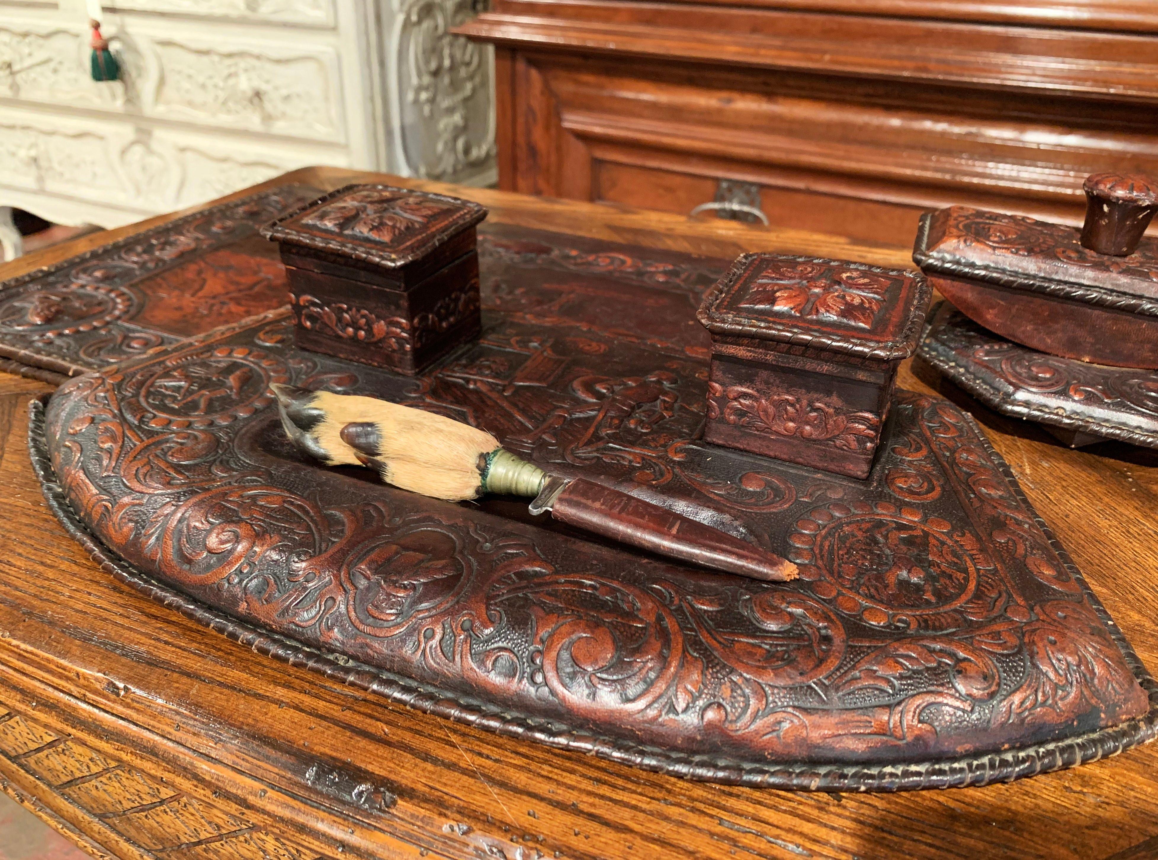 19th Century French Gothic Embossed Leather Five-Piece Desk Set In Excellent Condition In Dallas, TX