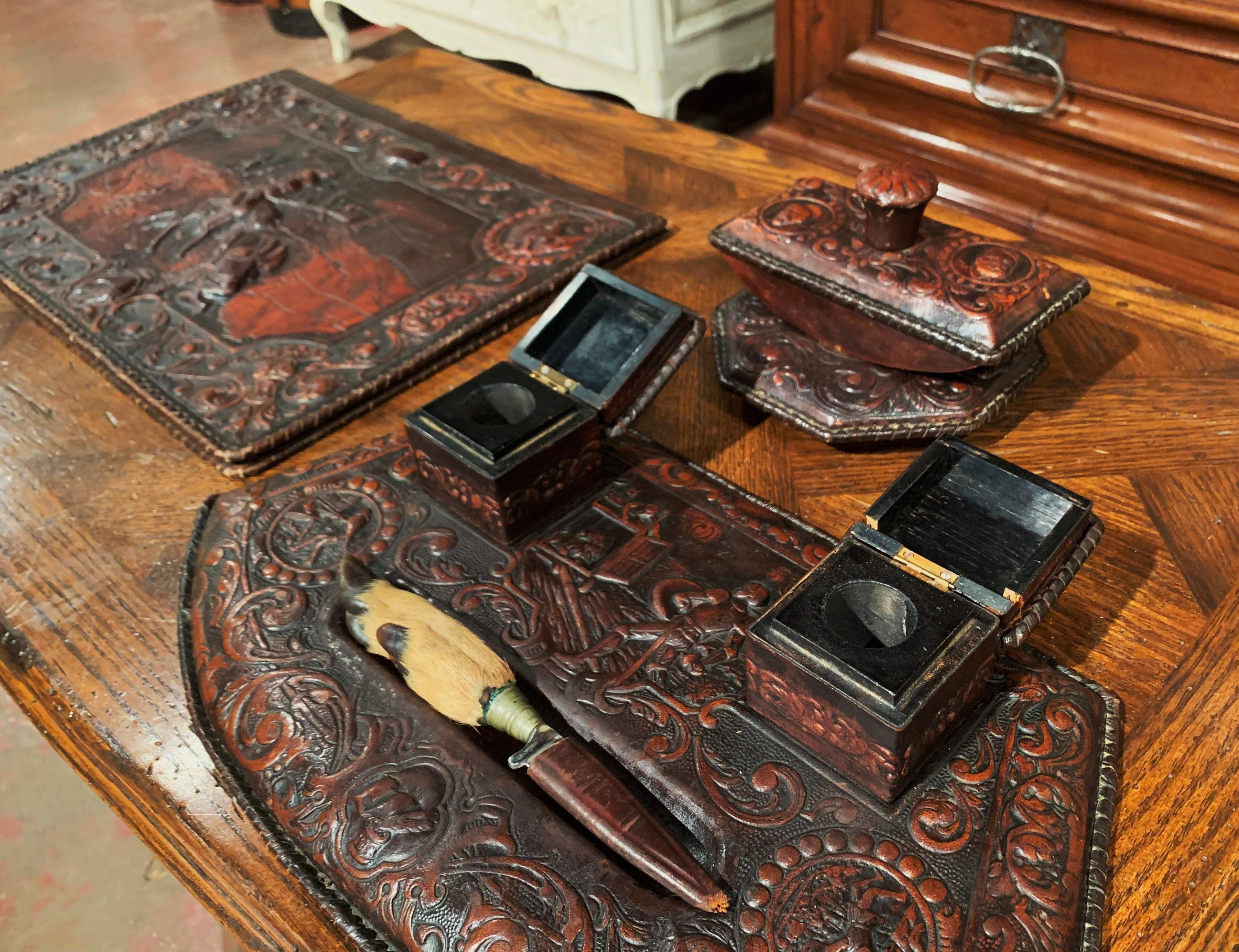 19th Century French Gothic Embossed Leather Five-Piece Desk Set 1