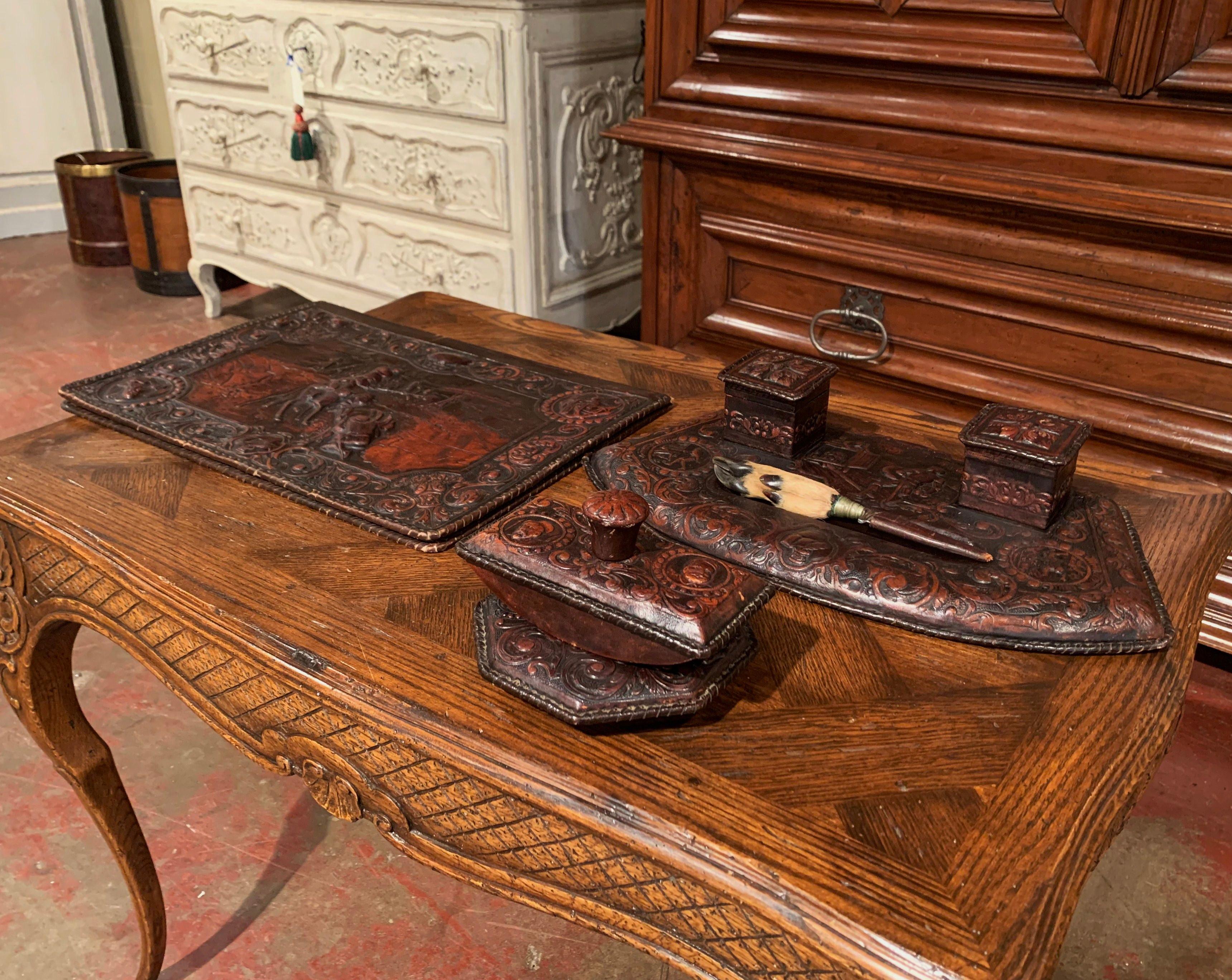 19th Century French Gothic Embossed Leather Five-Piece Desk Set 2