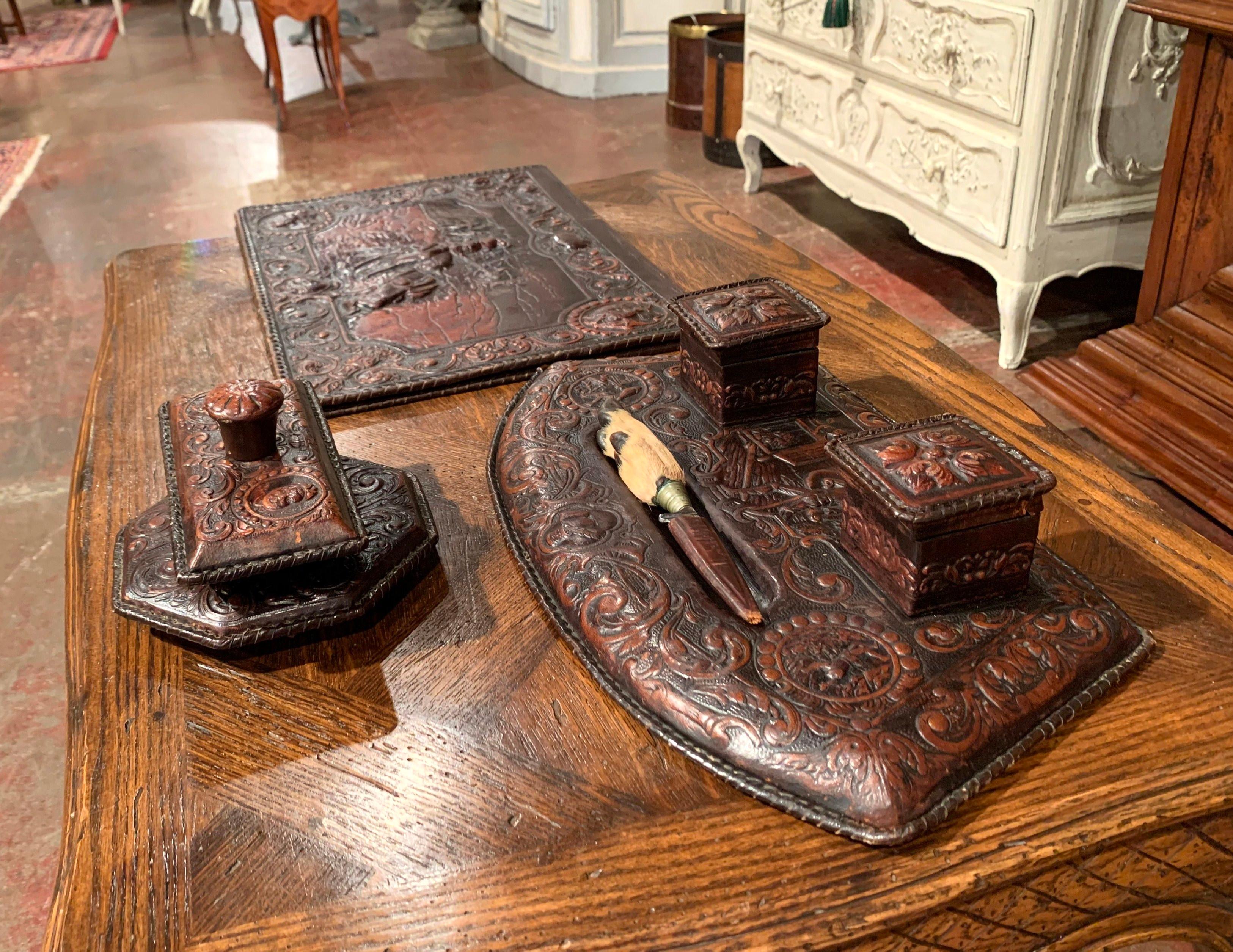 19th Century French Gothic Embossed Leather Five-Piece Desk Set 4