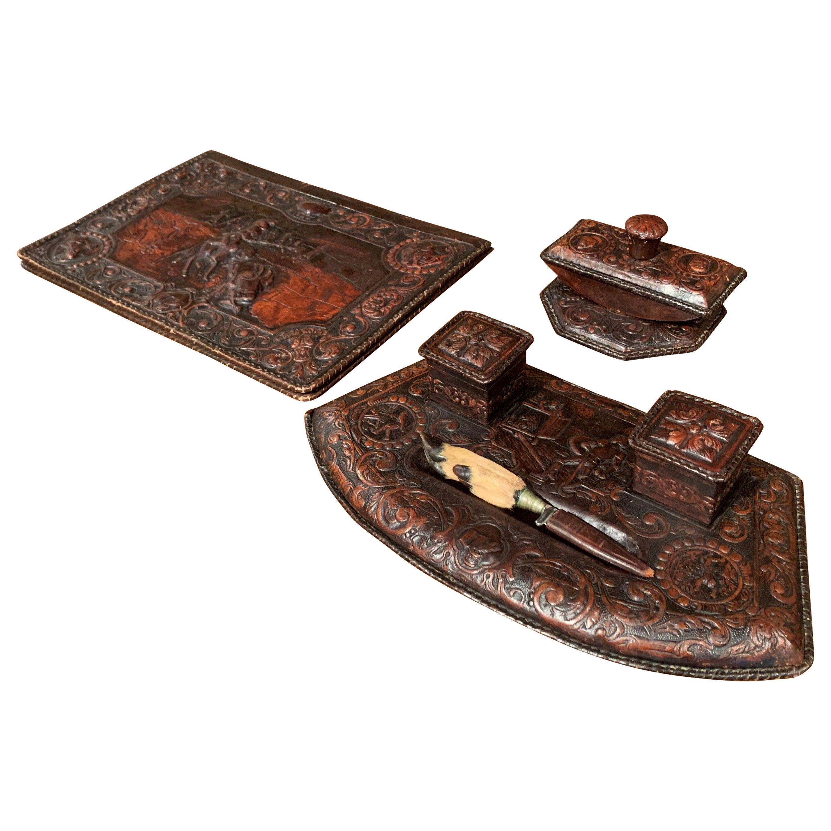 19th Century French Gothic Embossed Leather Five-Piece Desk Set ...