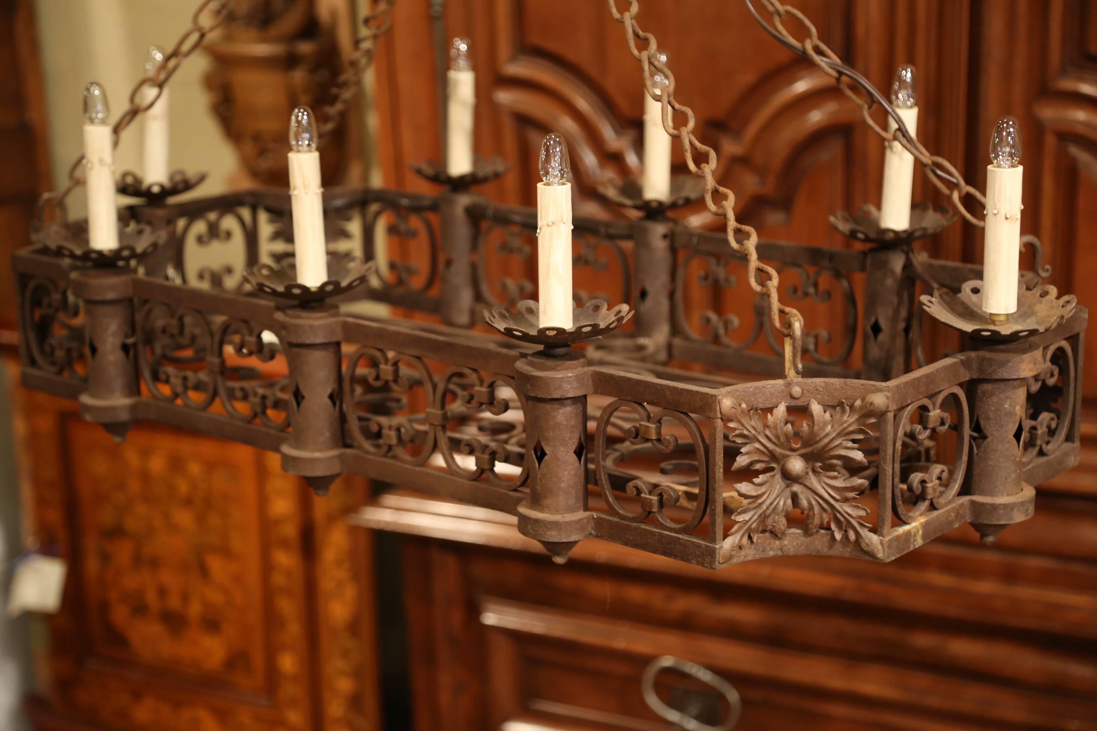 19th Century French Gothic Forged Iron Eight-Light Flat Bottom Island Chandelier In Excellent Condition In Dallas, TX