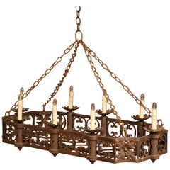 19th Century French Gothic Forged Iron Eight-Light Flat Bottom Island Chandelier