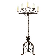 19th Century French Gothic Forged Iron Five-Light Floor Lamp with Wax Candles