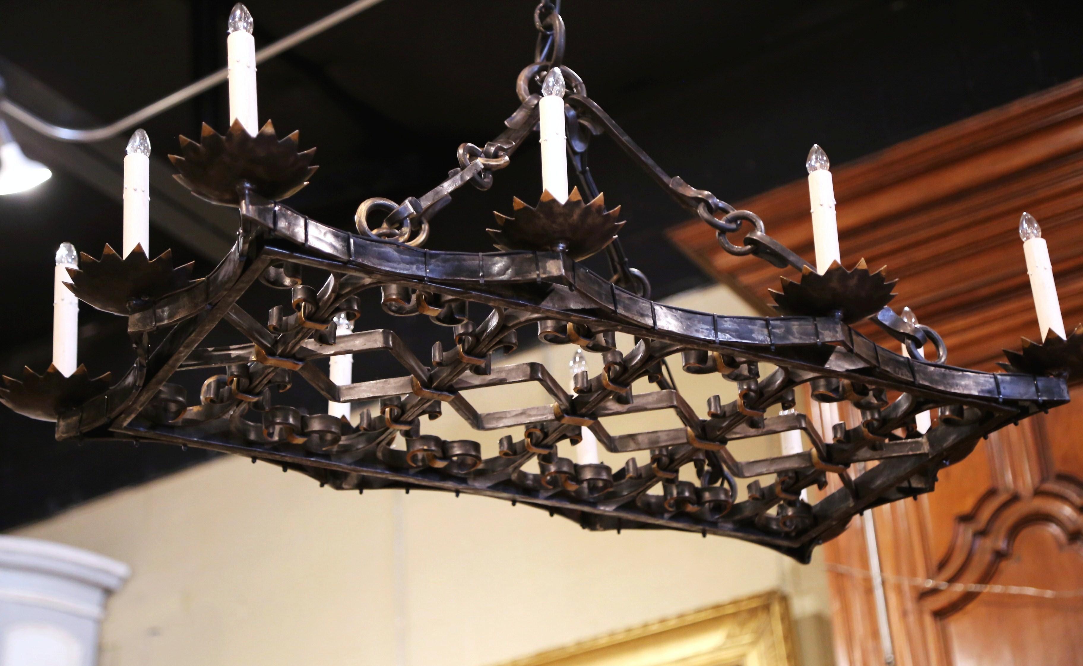 19th Century French Gothic Forged Iron Flat Bottom Ten-Light Chandelier 6