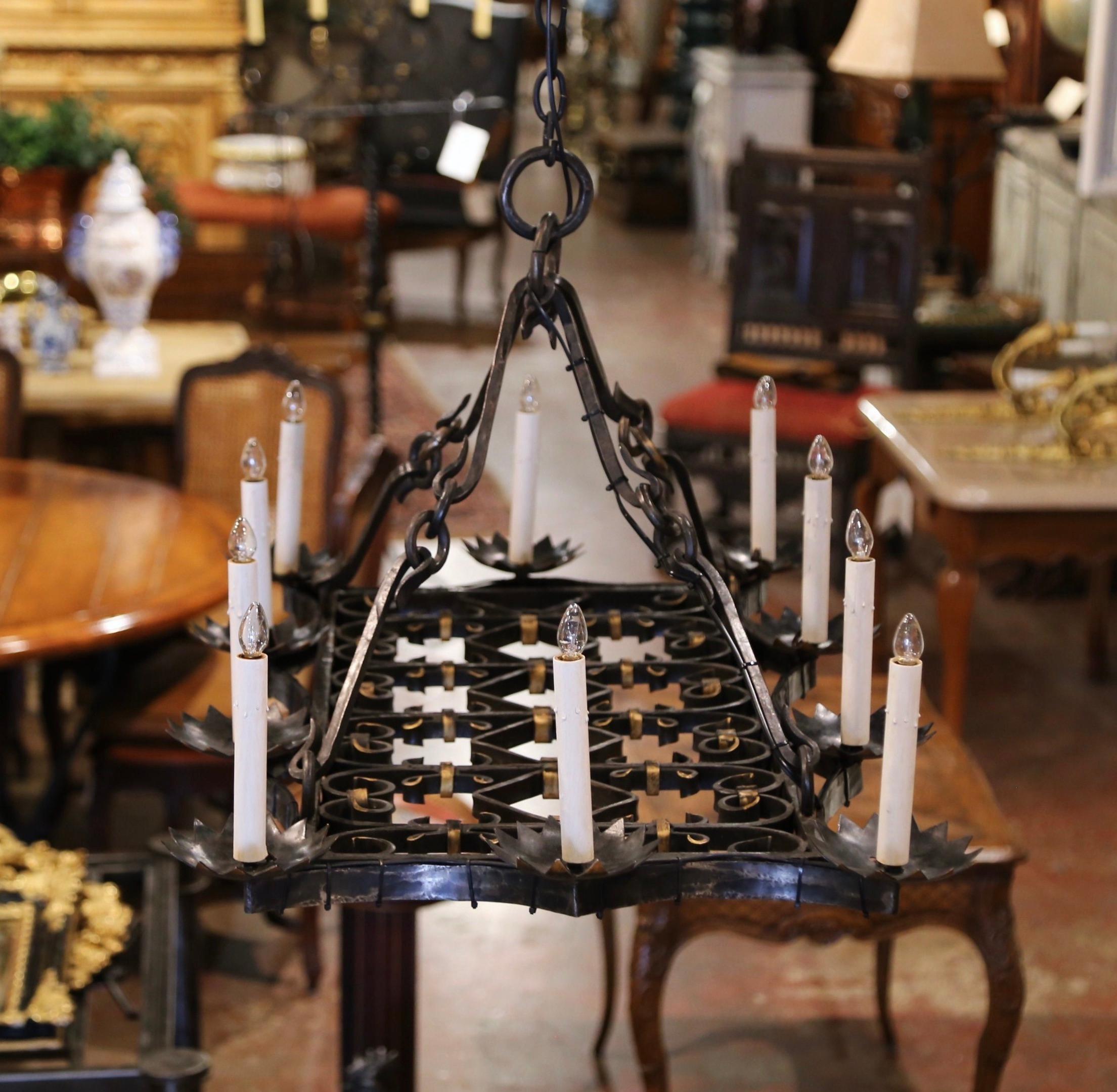 19th Century French Gothic Forged Iron Flat Bottom Ten-Light Chandelier 8