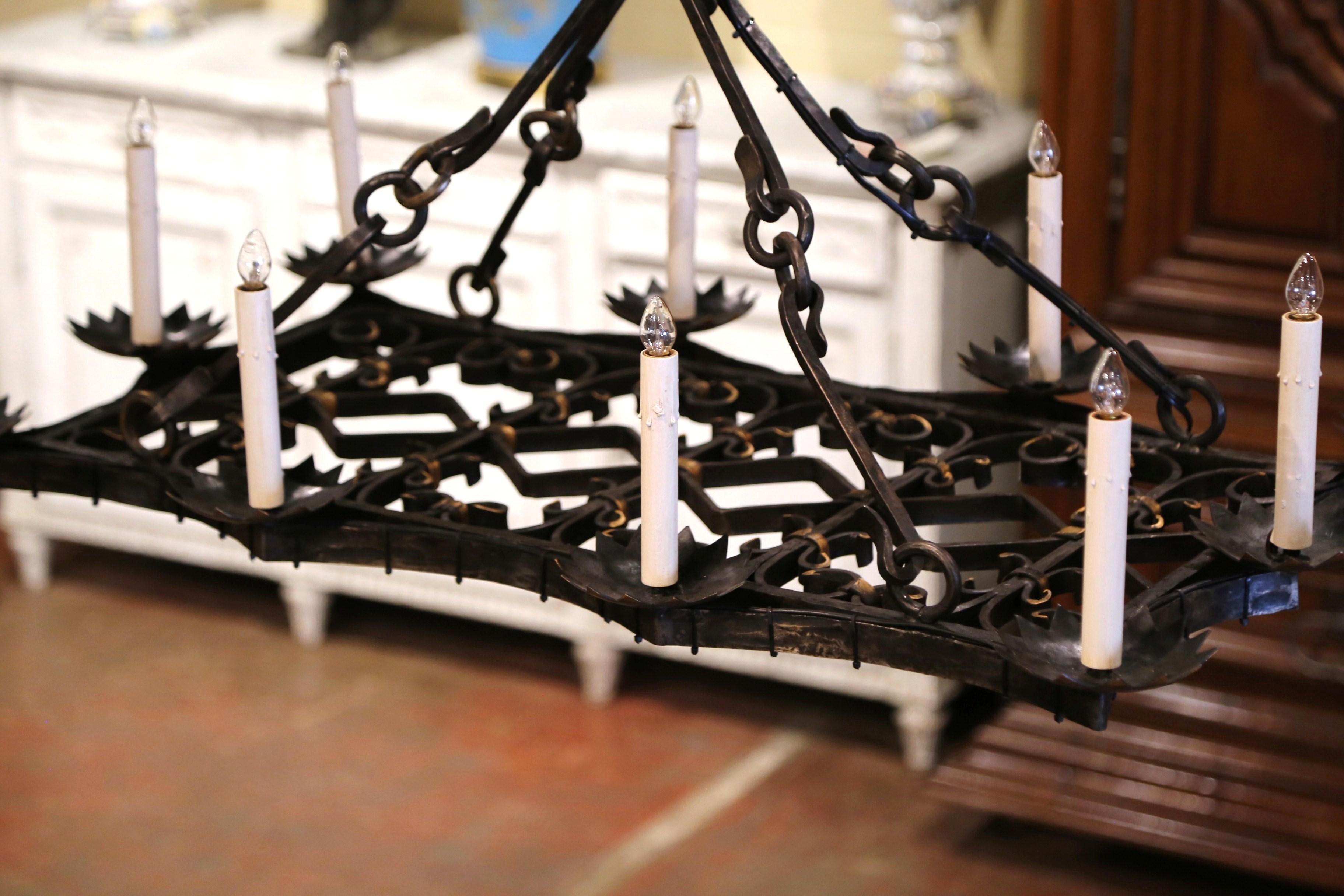 19th Century French Gothic Forged Iron Flat Bottom Ten-Light Chandelier In Excellent Condition In Dallas, TX