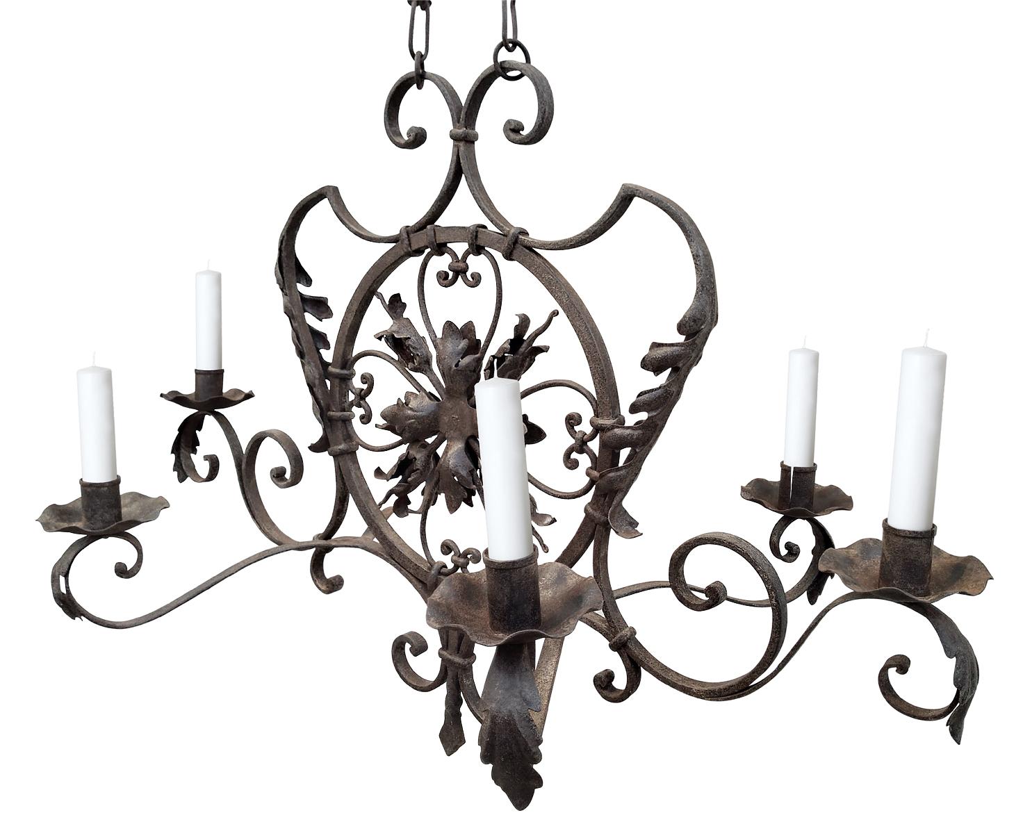 19th Century French Gothic Forged Iron Six Candles Chandelier In Good Condition For Sale In Paris, FR