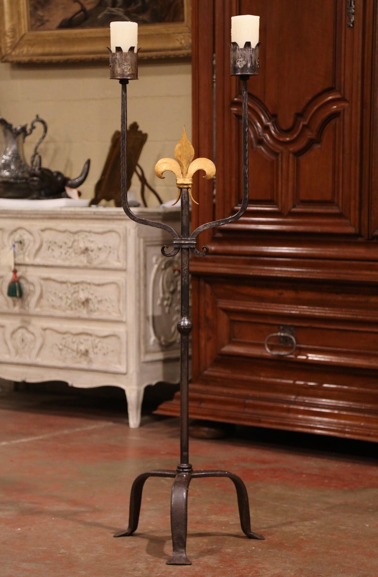 19th Century French Gothic Forged Iron Two-Light Candle Lamp with Fleur ...