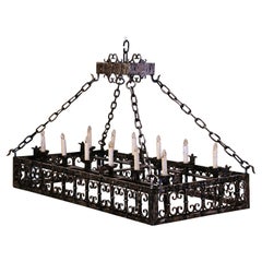 Antique 19th Century French Gothic Forged Polished Iron Ten-Light Island Chandelier