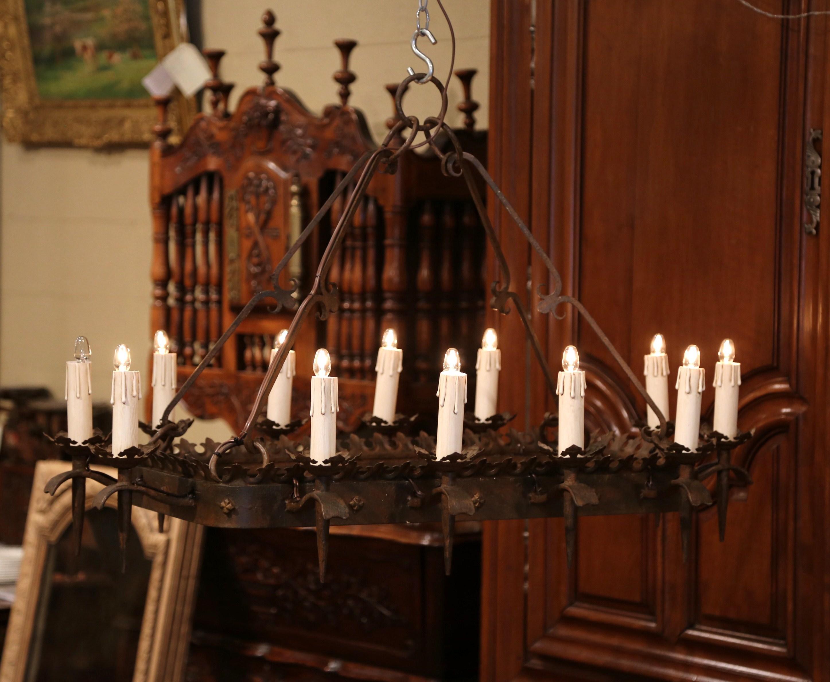 19th Century French Gothic Forged Rectangular Twelve-Light Island Chandelier In Excellent Condition In Dallas, TX
