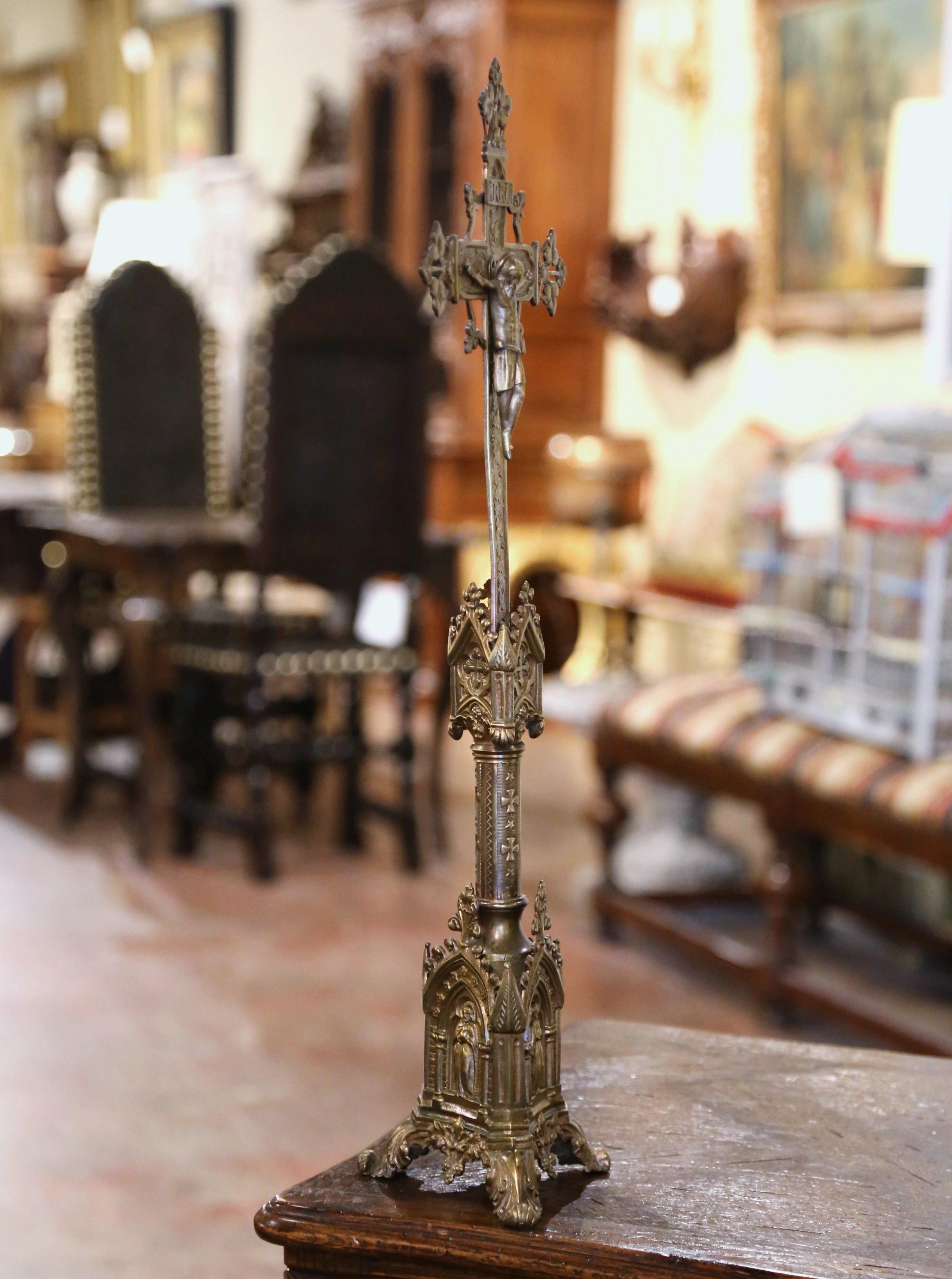 19th Century French Gothic Free Standing Repousse Brass Church Crucifix In Excellent Condition In Dallas, TX