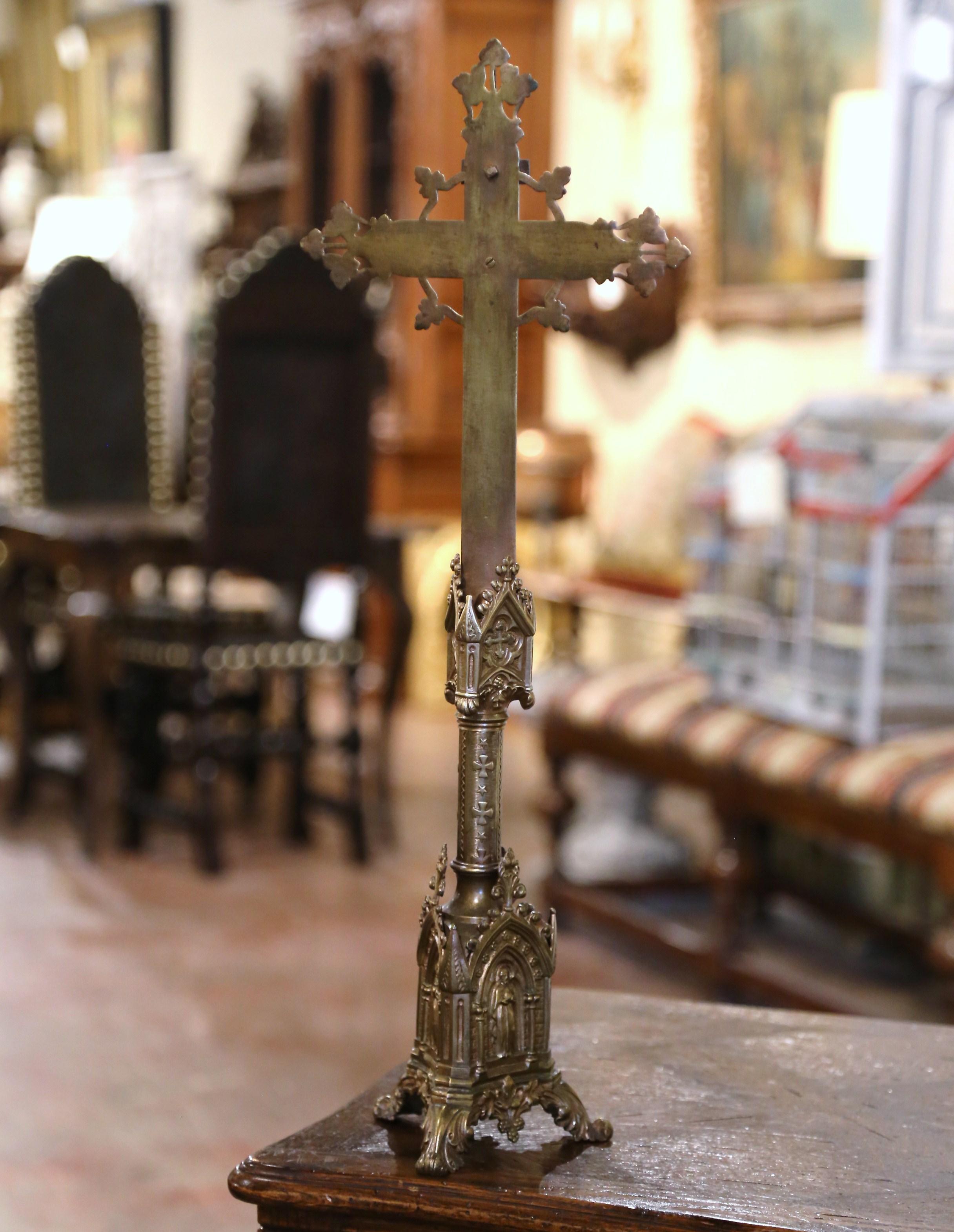 19th Century French Gothic Free Standing Repousse Brass Church Crucifix 3