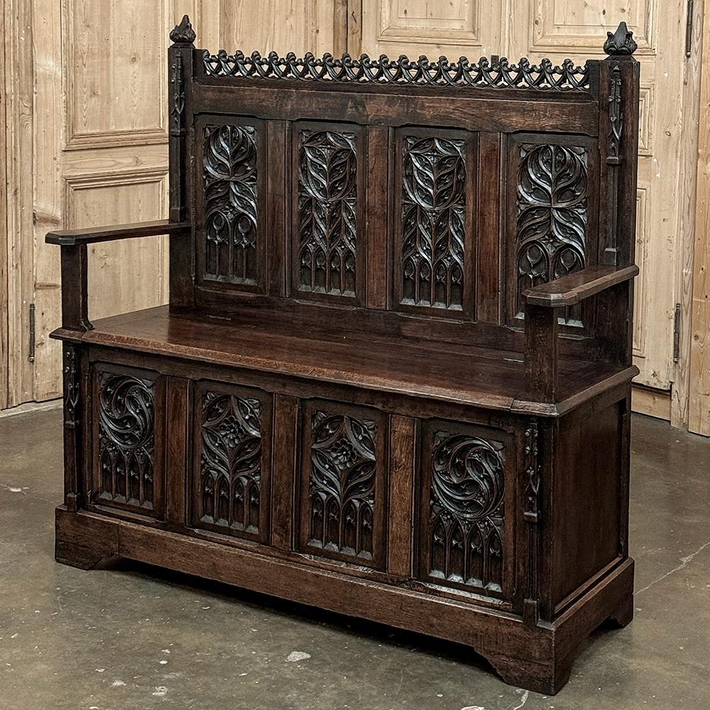 Hand-Carved 19th Century French Gothic Hall Bench