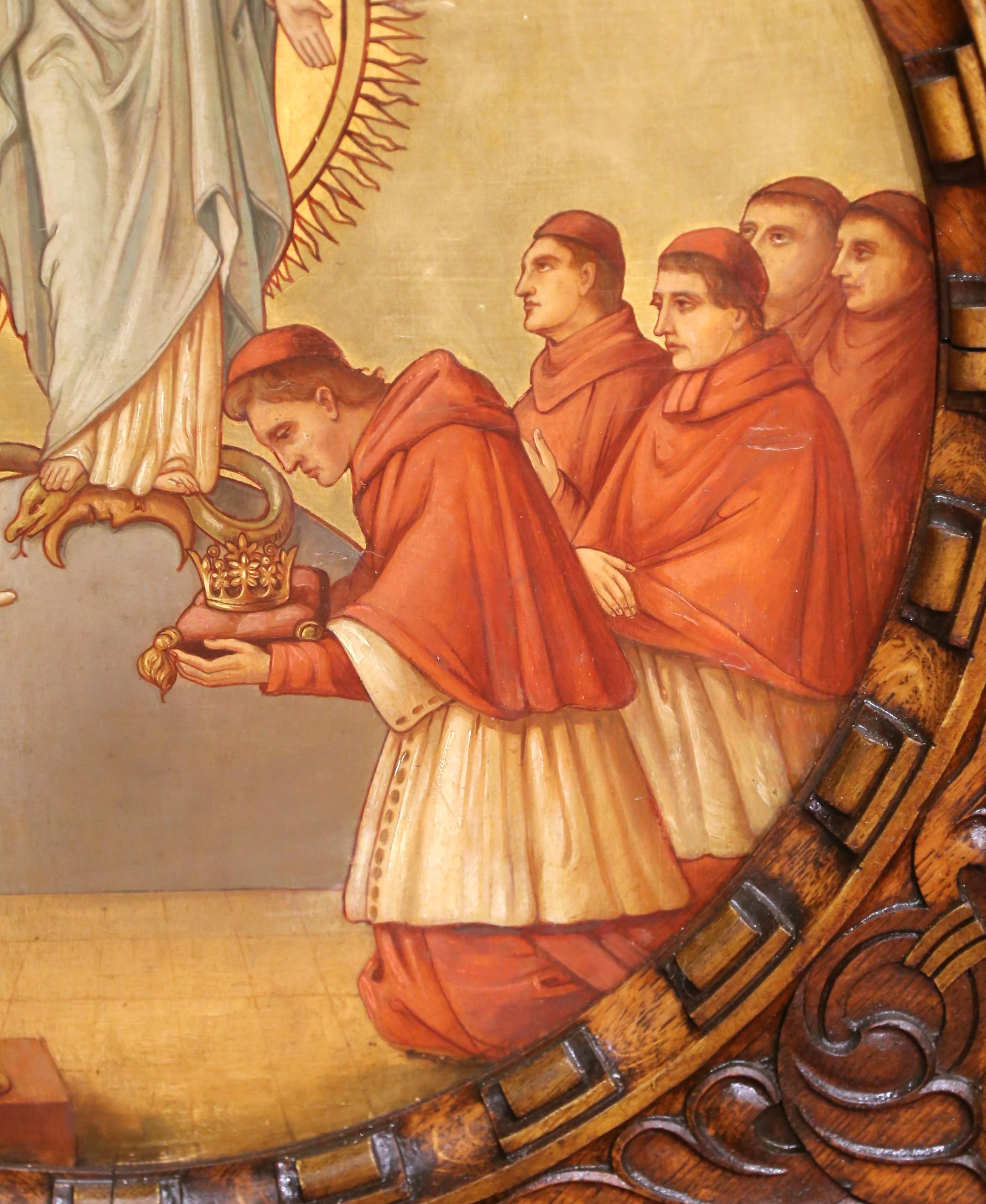 Pannello d'altare in noce dipinto a mano in stile gotico francese del XIX secolo con immagini mariane in vendita 3